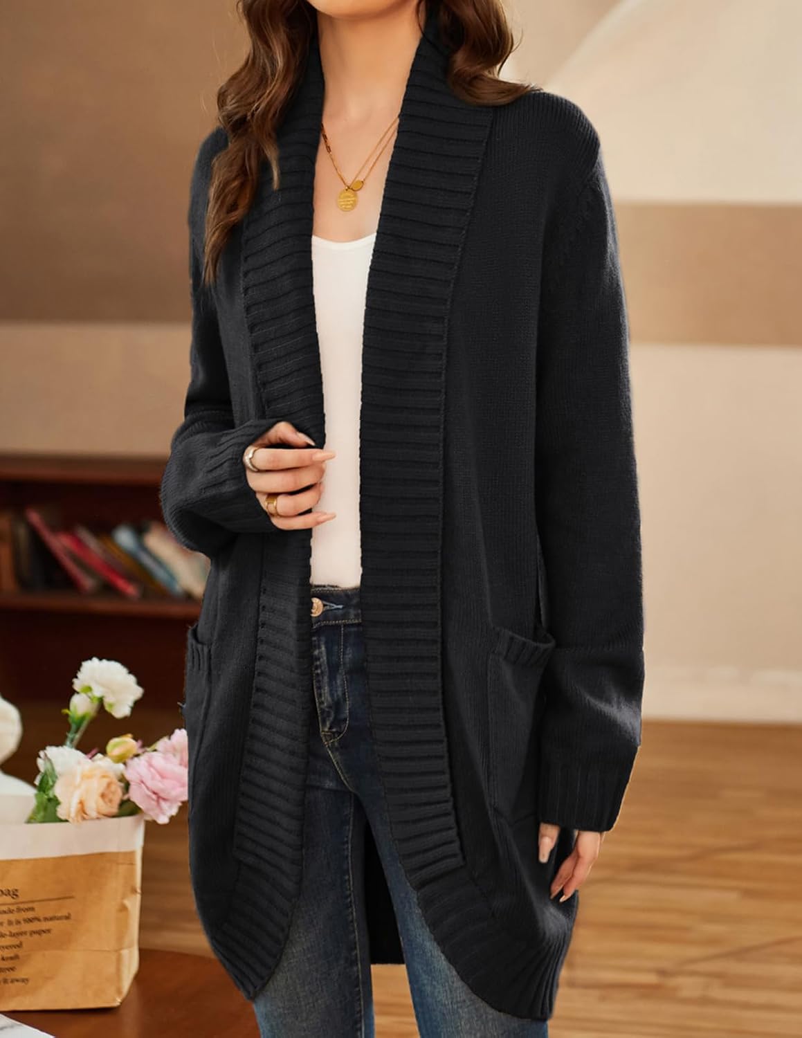 Detalle 1 de GRACE KARIN Long Sleeve Knit Cardigan with Curved Hem and Two Pockets