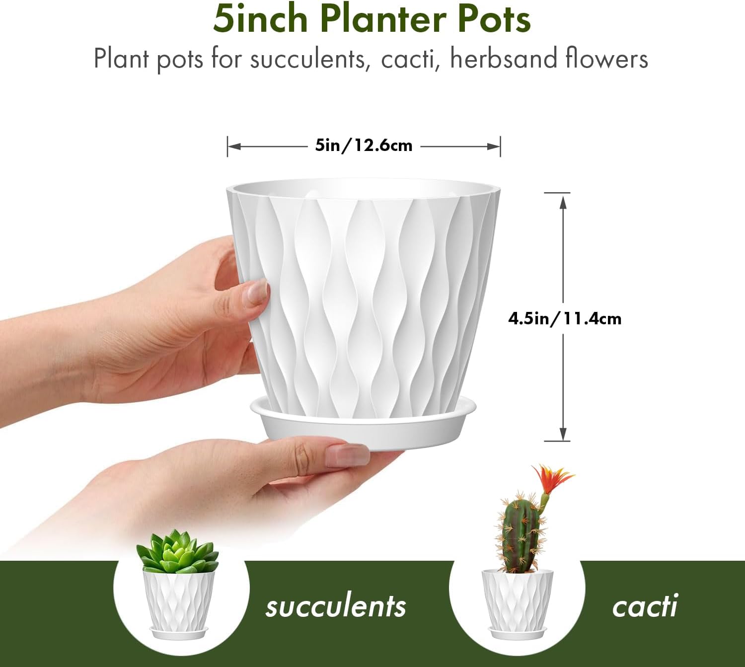 Thumbnail 3 de 12.5cm Plant Pots 6-Pack Plastic Planters with Drainage Holes and Saucers (White)