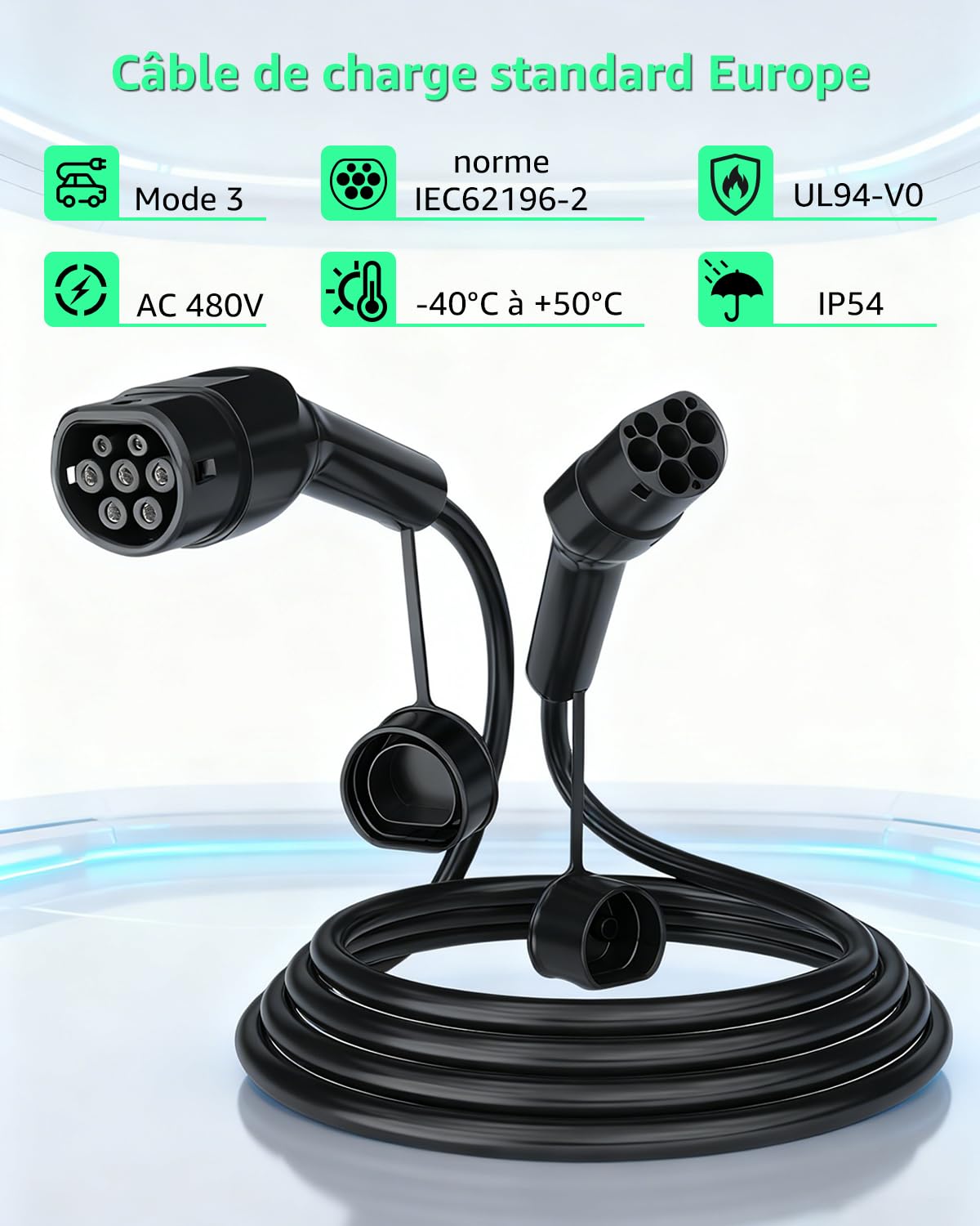 Detalle 2 de GONEO Type 2 Câble de Recharge Voiture Électrique 22kW – 10 m, IP54, CCS2/Type 2, Sac de rangement
