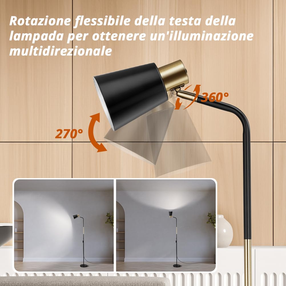 Detalle de OUSFOT Lampada da Terra Vintage 230V con Altezza Regolabile 146 cm, Paralume Nero in Metallo, Attacco E27 (Senza Lampadine) - Design Piantana per Soggiorno, Camera e Studio