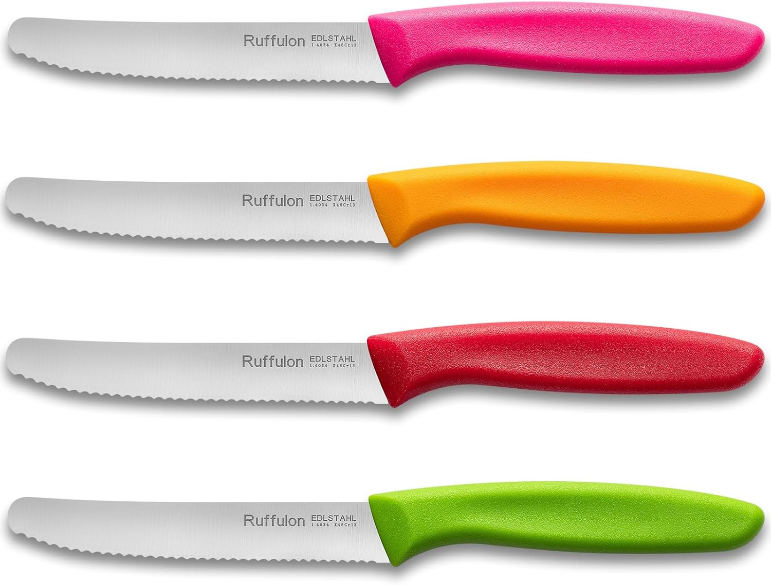 Ruffulon Tafelmesser-Set (4 Stück) mit Wellentsschliff – Tomaten-/Brotmesser für Frühstück, Snack & Party