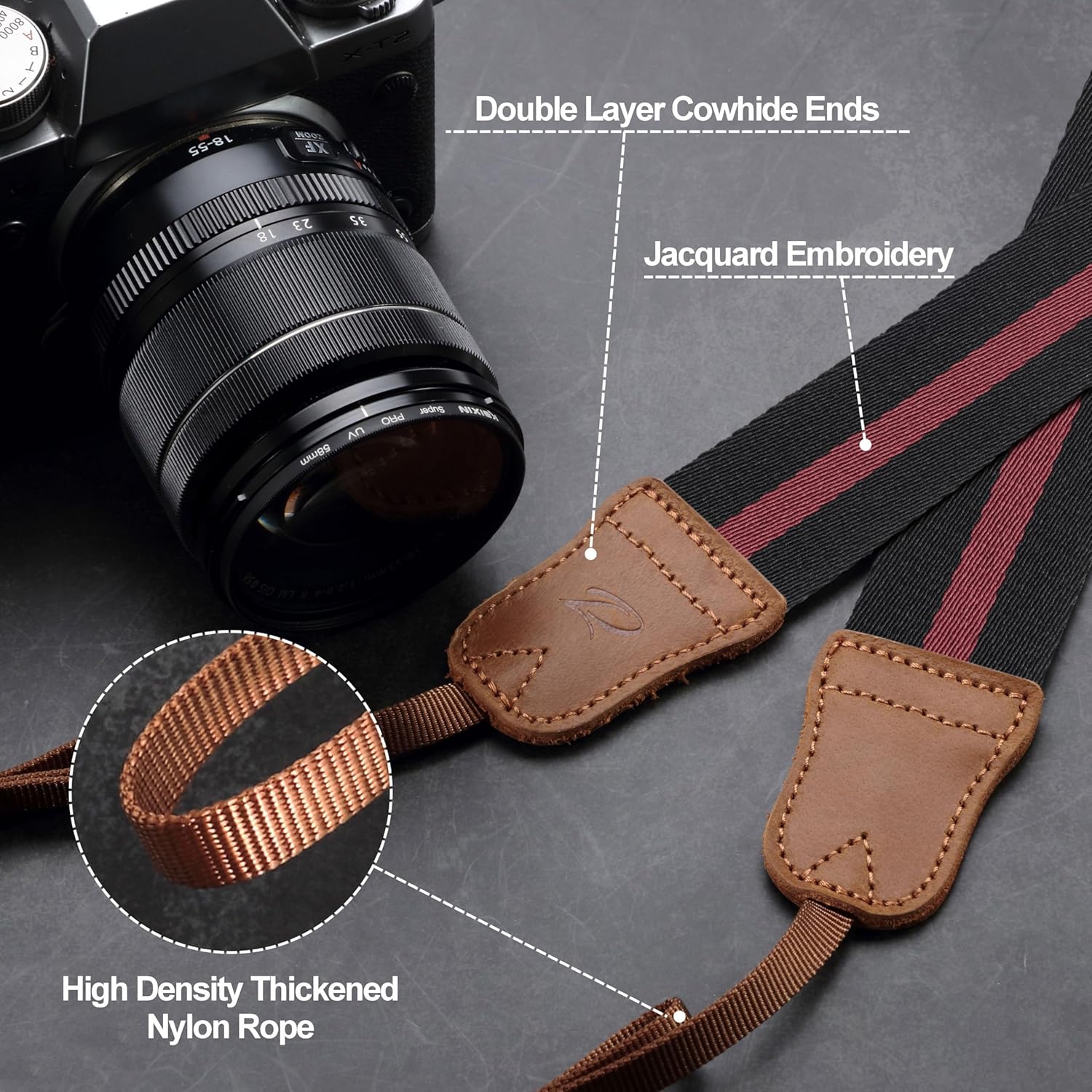 Detalle de Padwa Lifestyle Stripes Red Black Camera Strap – Double Layer Crazy Horse Cowhide Ends