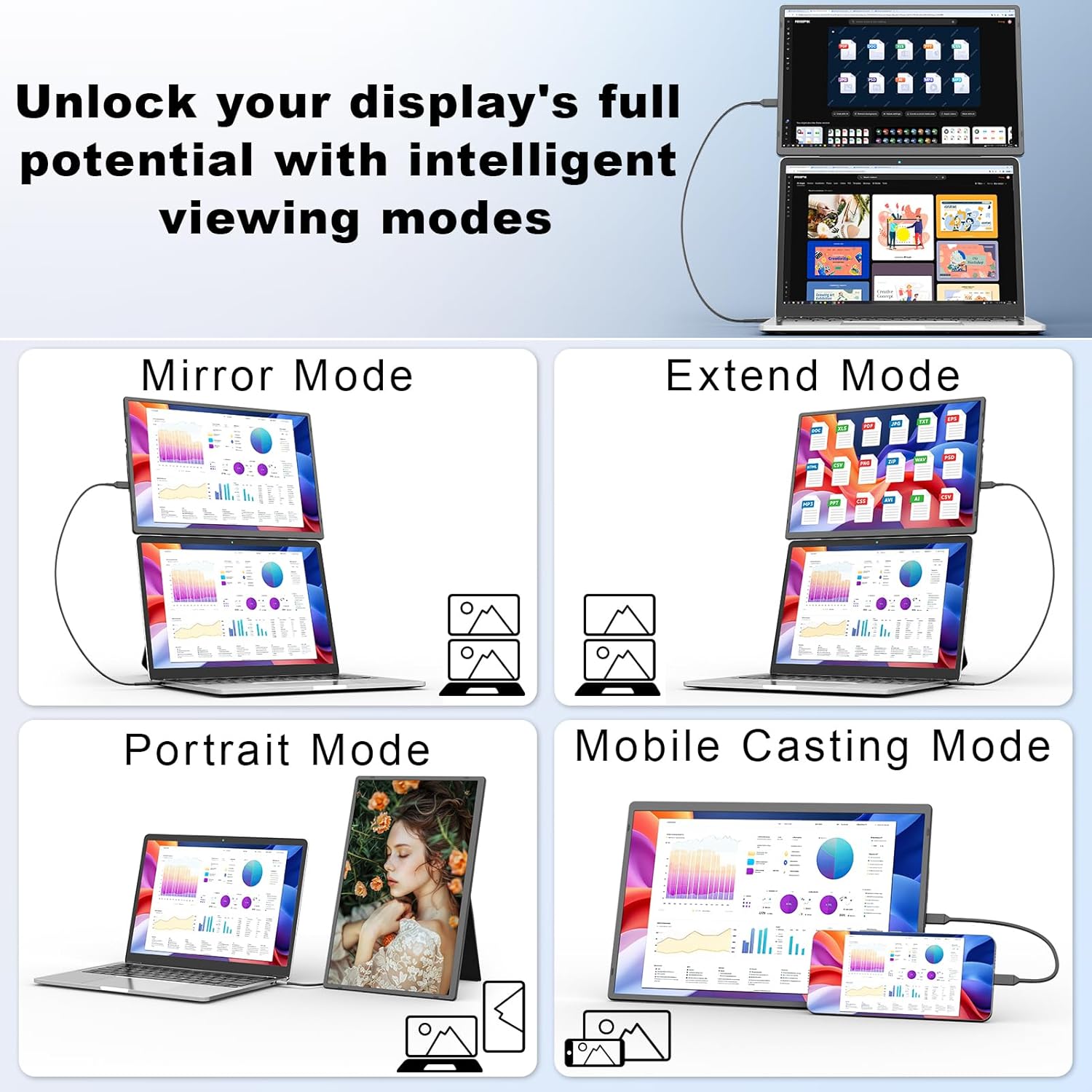 Detalle de domyfan 16" Portable Display FHD 1200p with Magnetic 360° Stand — Detachable Travel Screen for Laptops 13–17.3", Plug & Play