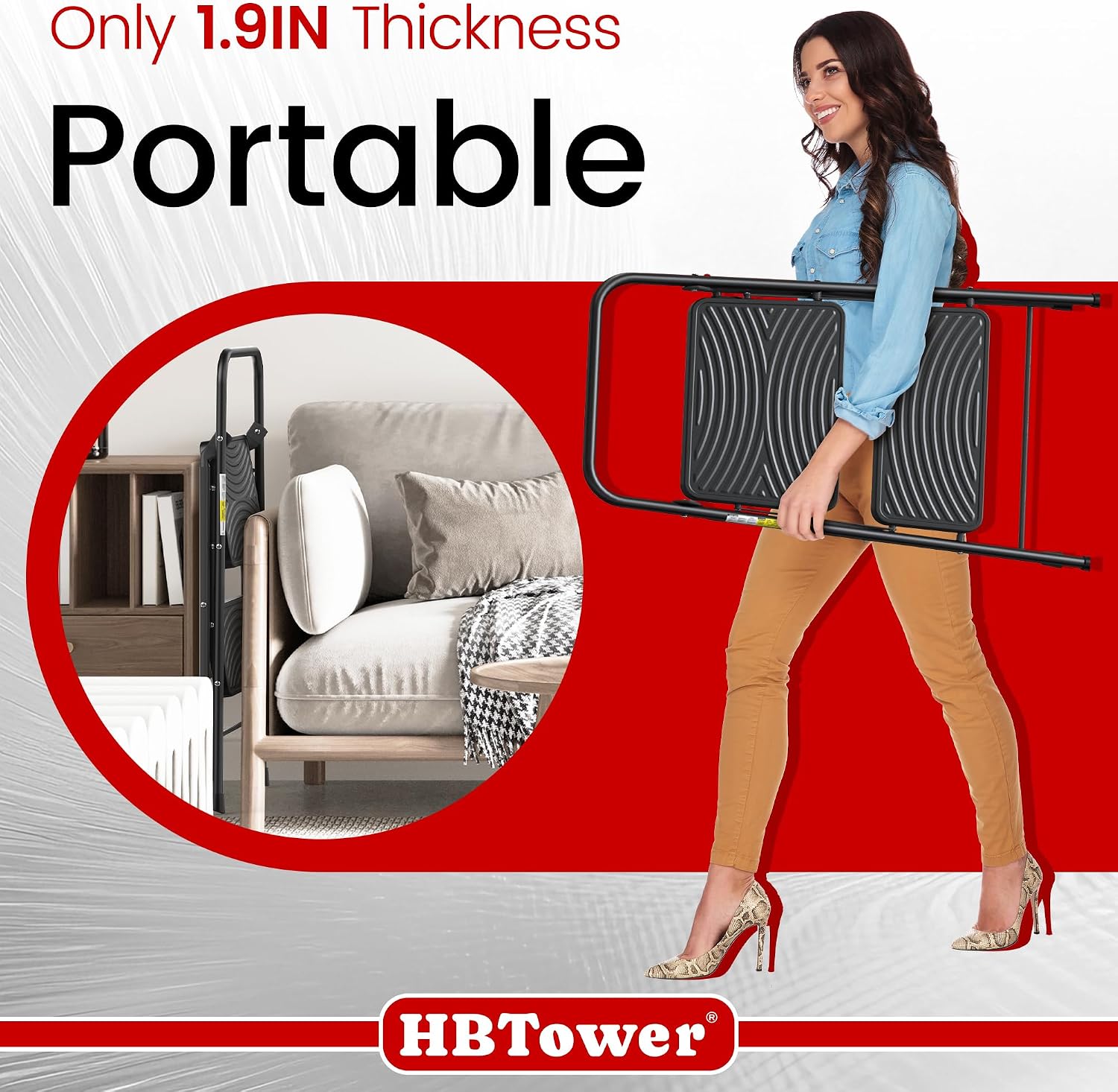 Thumbnail 5 de HBTower 2-Step Ladder with Wide Anti-Slip Pedals, Folding Steel Frame