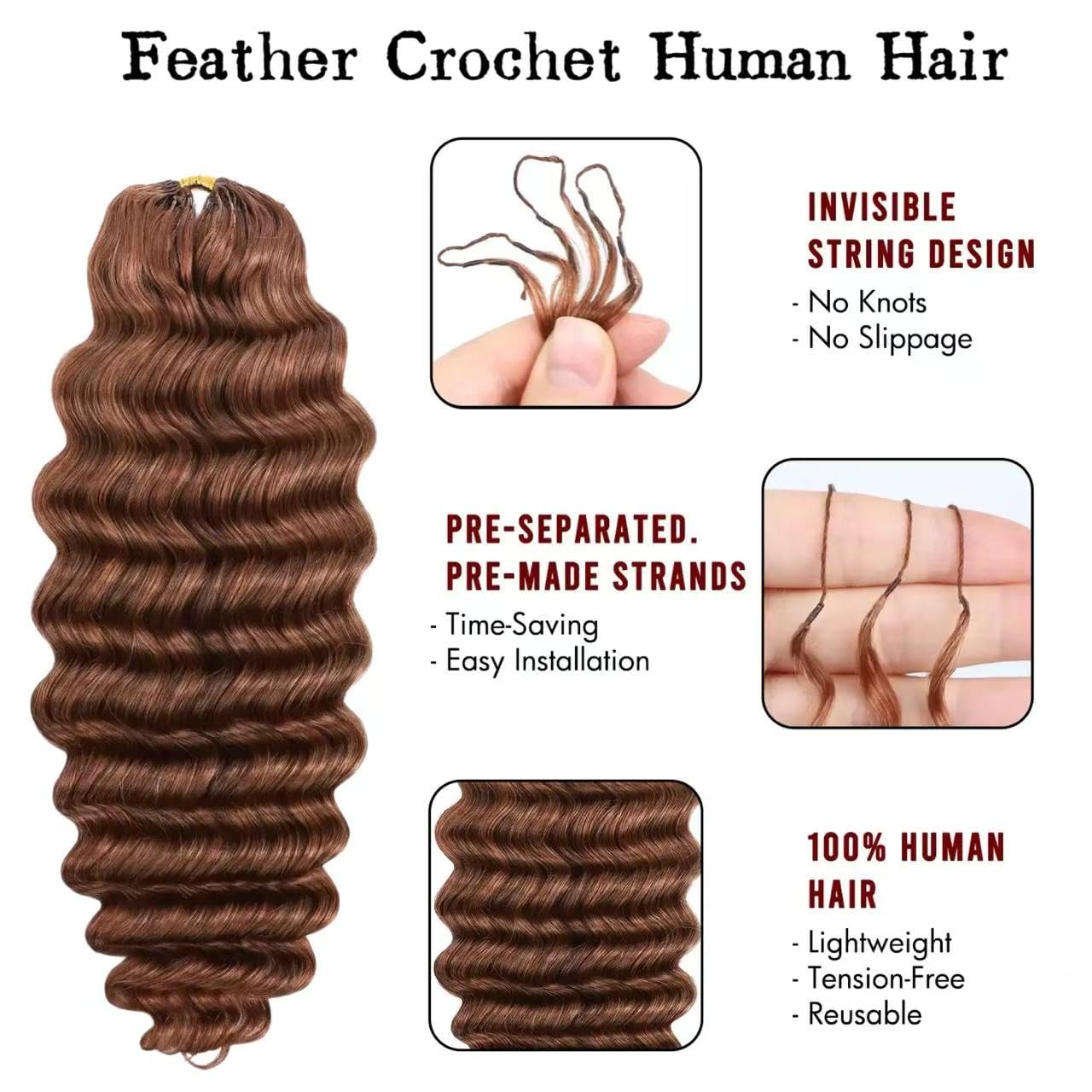 Thumbnail 2 de Limited Beauty Auburn Ginger Deep Wave Crochet Human Hair Extensions (2 Packs, 120g) - 20inch, Knotless, Burmese Curl