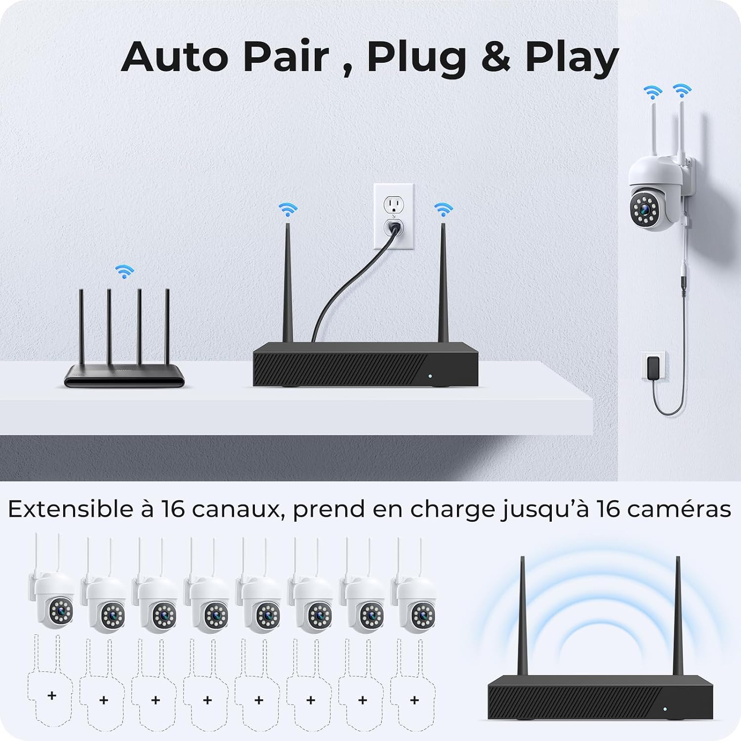 Detalle de Kit CAMCAMP 8x caméra de surveillance extérieure sans fil – Panoramique 360° et NVR 16CH 500Go avec vision nocturne intelligente