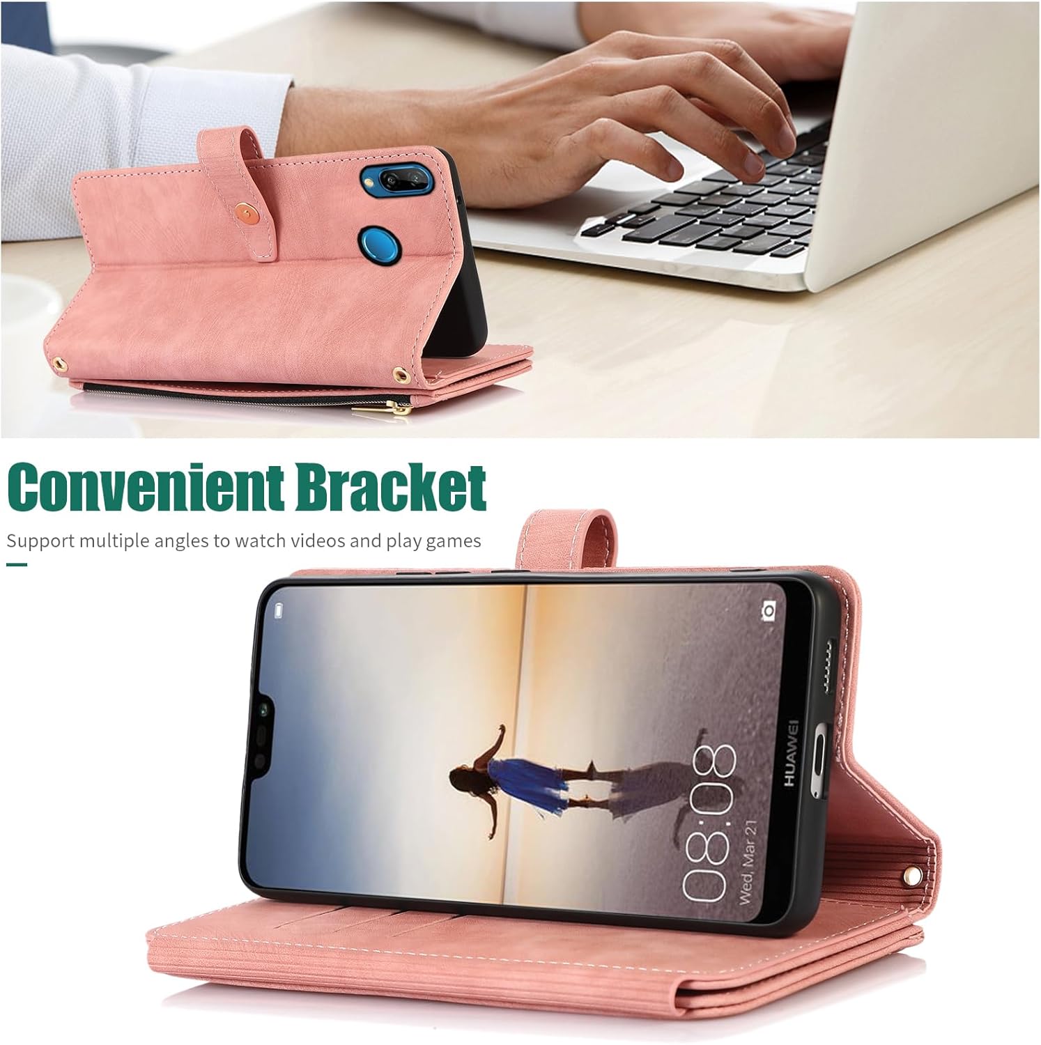 Thumbnail 3 de Asuwish Hülle für Huawei P20 Lite / Nova 3E — Leder Klappenwallet mit Standfunktion, rosa