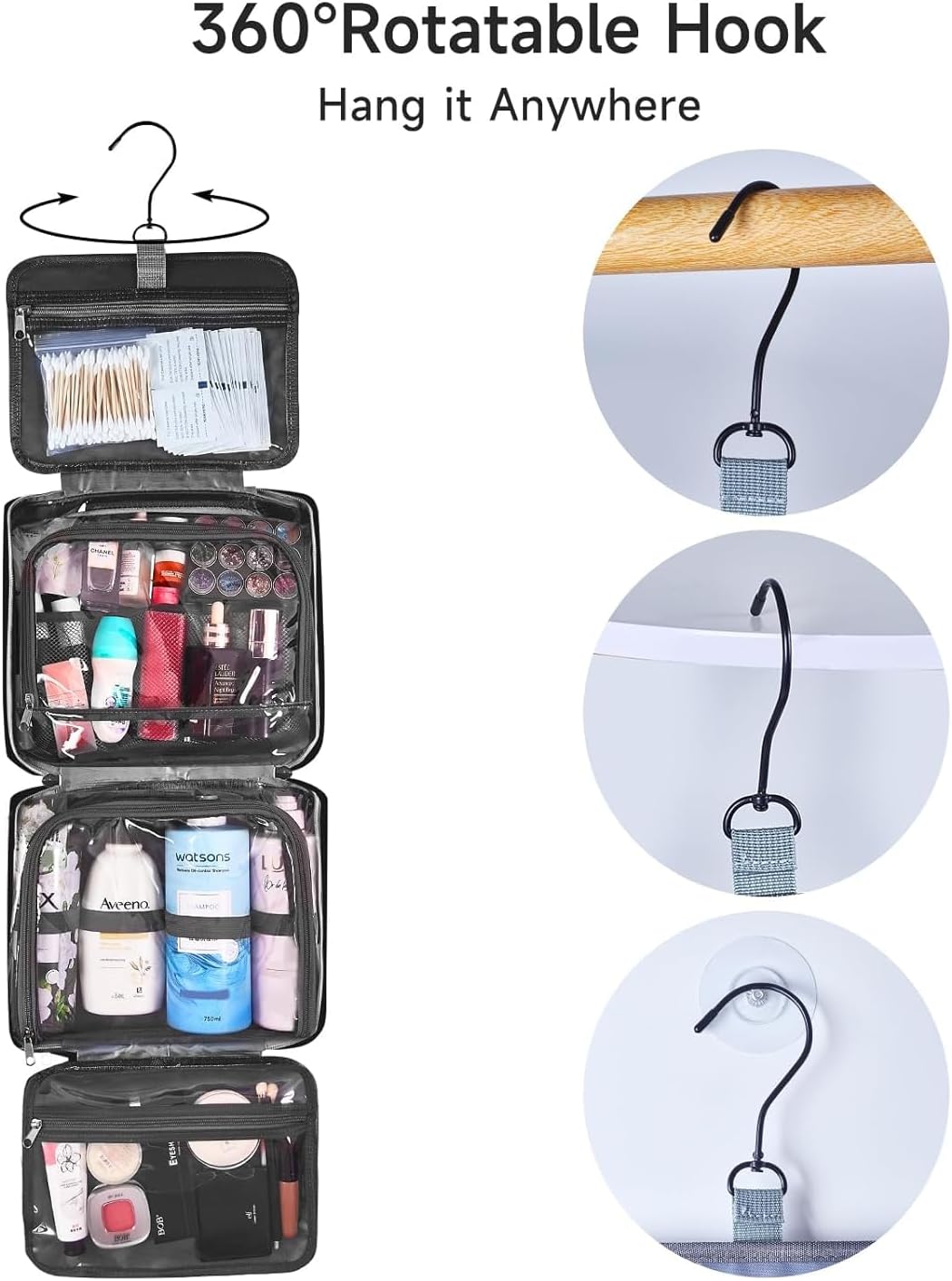 Detalle 2 de Trousse de toilette voyage grande capacité avec crochet 360° — Voyage Femme & Homme (noir)