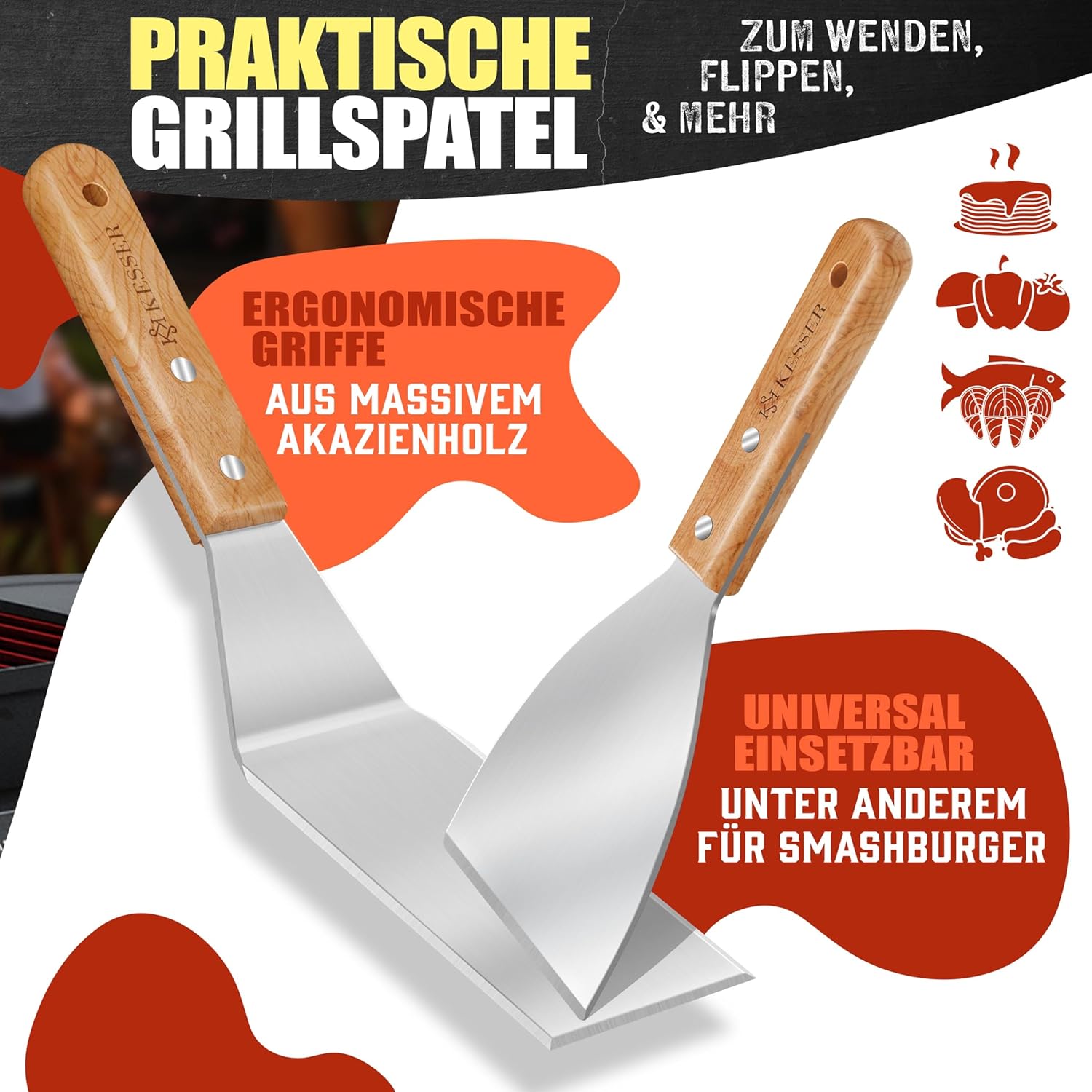Thumbnail 5 de KESSER Plancha Grillplatte aus Edelstahl mit Deckel (40 x 30 cm) bis 800 °C, mit Fettablauf – inkl. 2 Spatel, Schürze, Grillmatte & Rezeptbuch