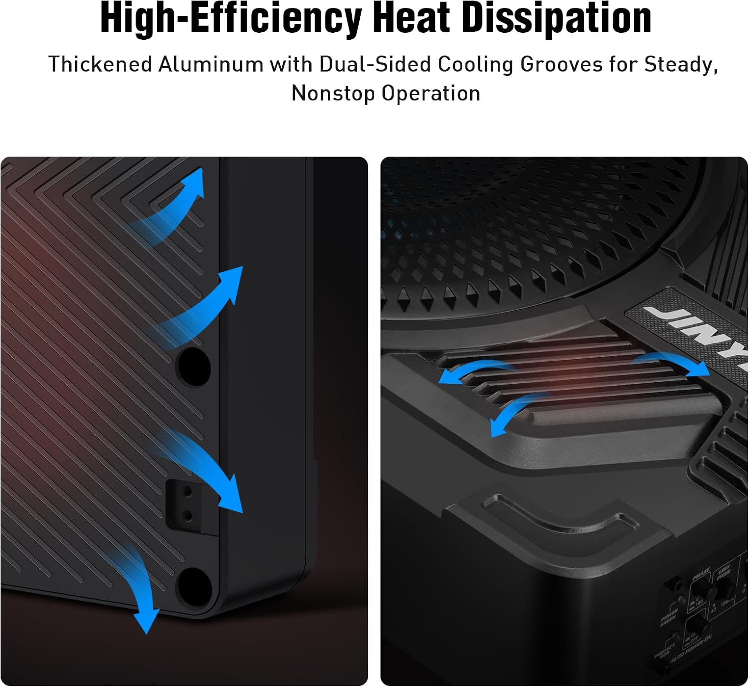 Detalle de JinYeZi 10" Under Seat Subwoofers with Amp – 1200W, Class D MOSFET, 2 Ohm, Independent Bass Controls