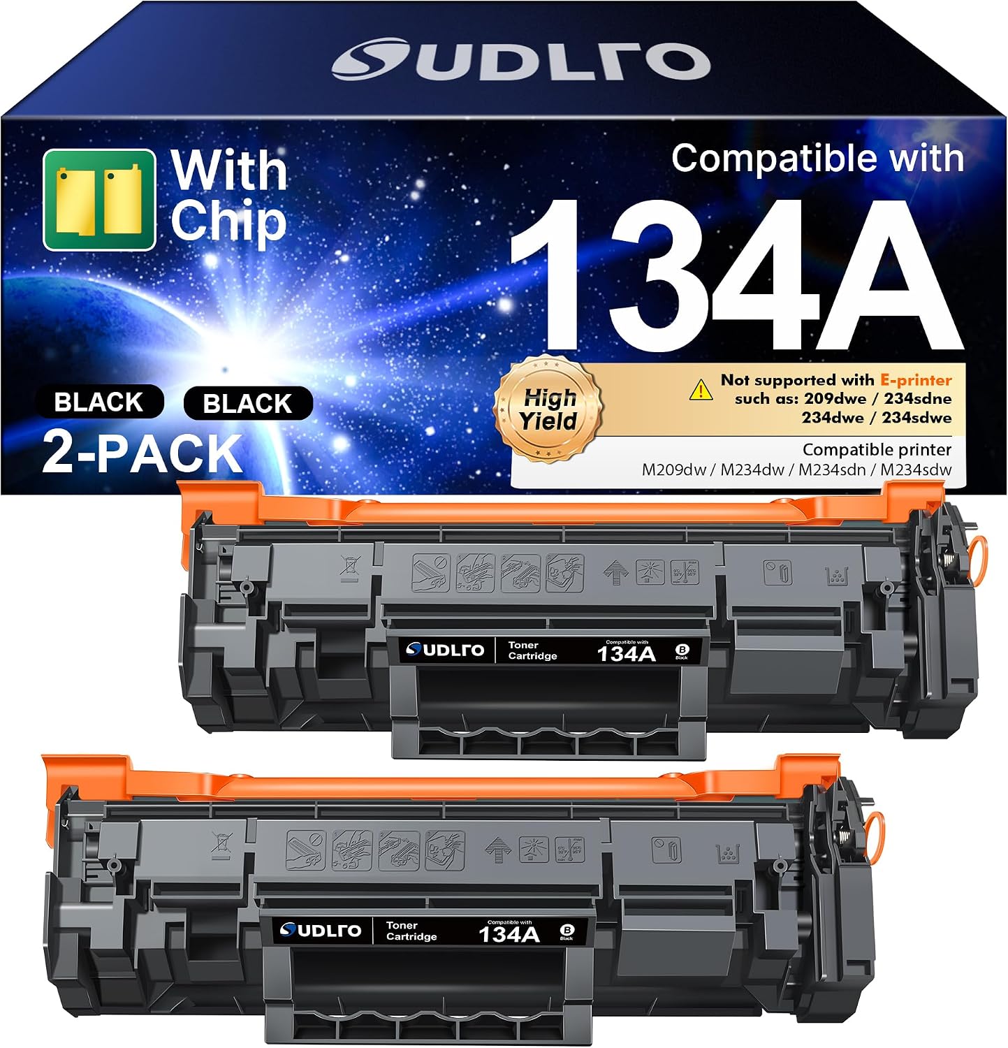 Detalle de SUDLTO 134A Black Toner Cartridge 2-Pack with Chip, Up to 1,100 Pages Each