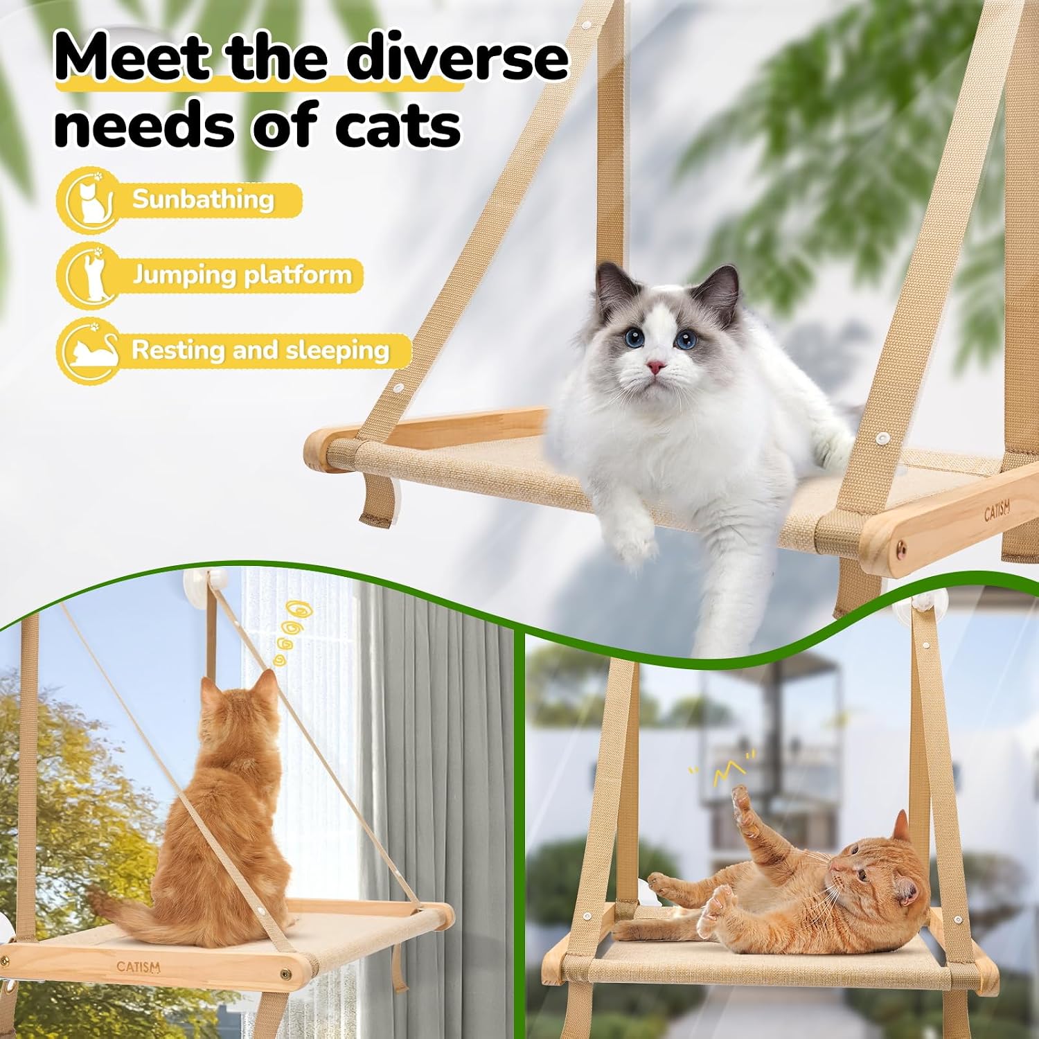 Detalle de CATISM Foldable Cat Window Bed Hammock (up to 20 kg) with Reinforced Perch & Strong Suction Cup, Washable Fabric, 50 x 38 cm