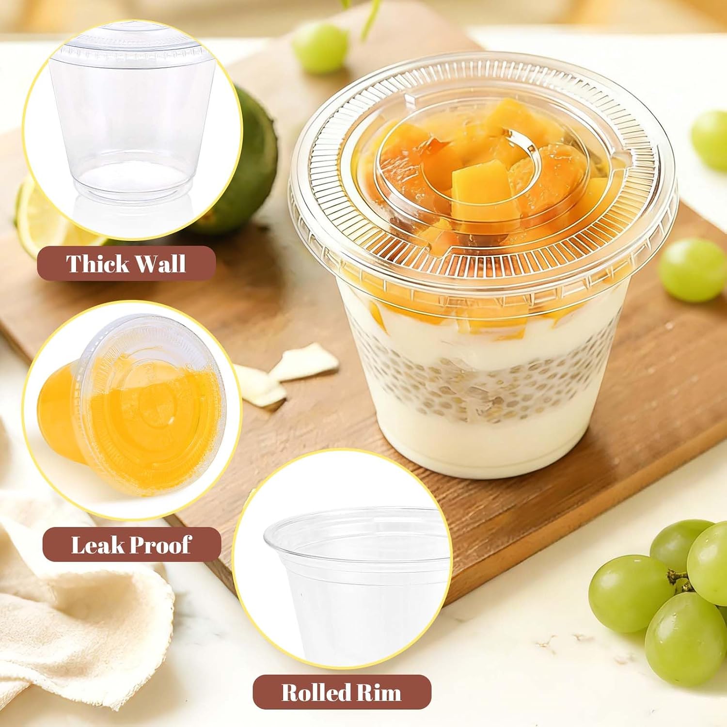 Thumbnail 2 de Clawsoff 9 oz Plastic Cups with Flat Lids (50 Pack) – Clear, BPA-Free, Disposable Parfait Cups