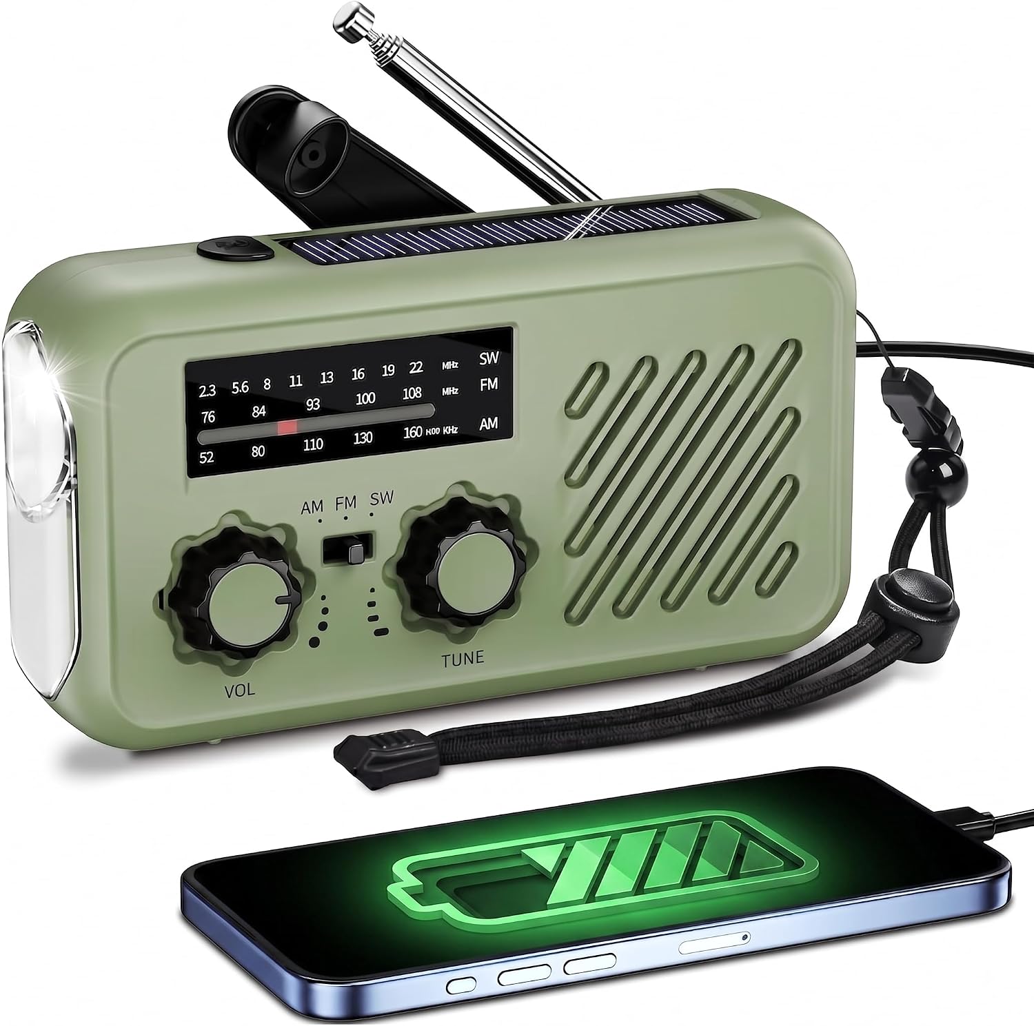 Radio di emergenza portatile con alimentazione solare e manovella: 2000 mAh, allarme SOS e torcia 3W