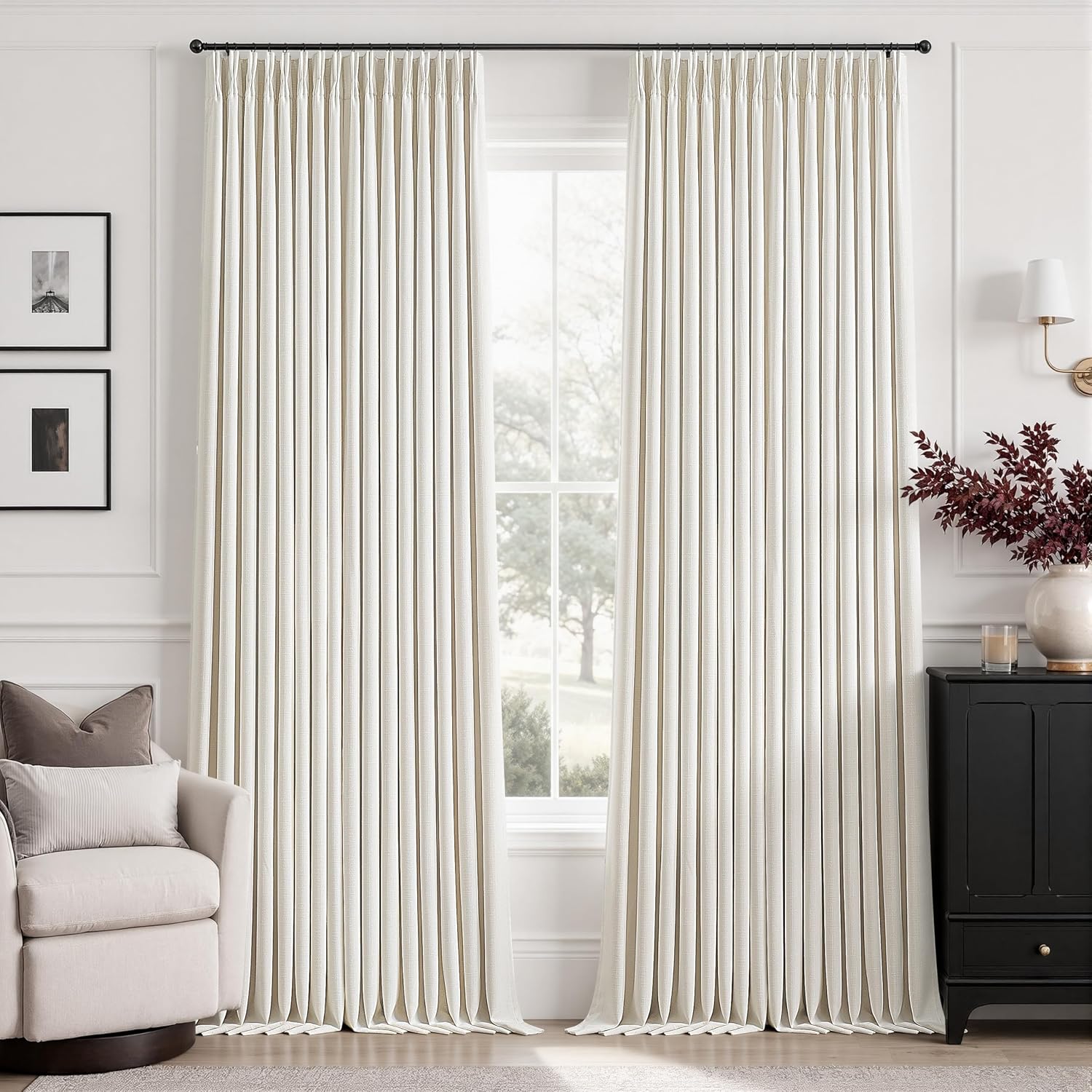Detalle de Pleated Blackout Linen Curtains 108 Inches Long – 2 Panels, Memory Shape, Noise-Reducing