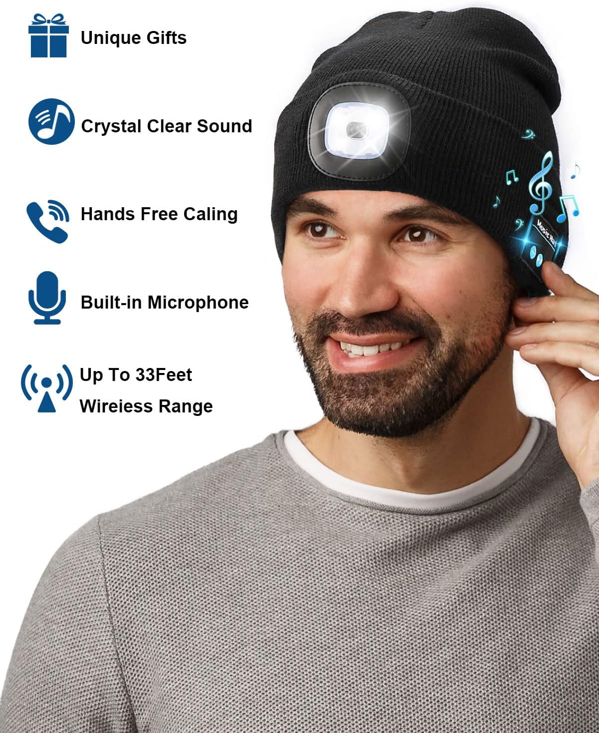 Detalle 2 de MELASA Bluetooth beanie-21 Hat with LED Light and Wireless Audio