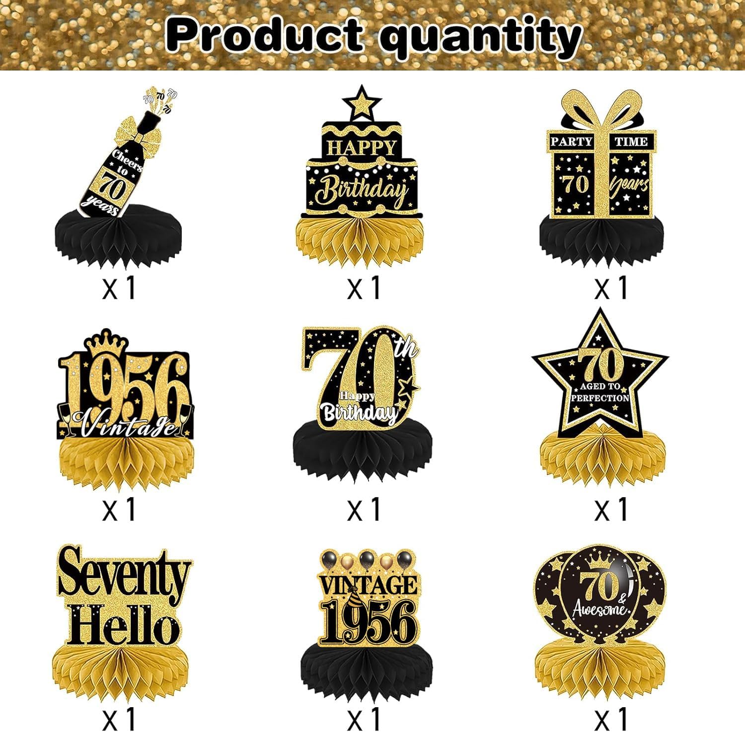 Detalle de Luvart 70th Birthday Decorations – Black and Gold Table Decorations (9pcs) with Vintage Honeycomb Centerpieces