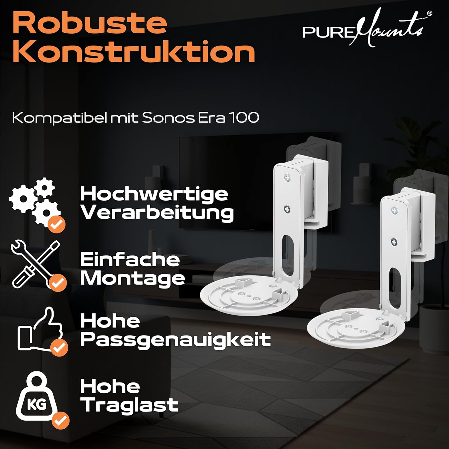 Thumbnail 6 de PureMounts supporto a parete per diffusori Sonos Era 100 (set da 2) bianco, orientabile ±45° e inclinabile 0/-18°