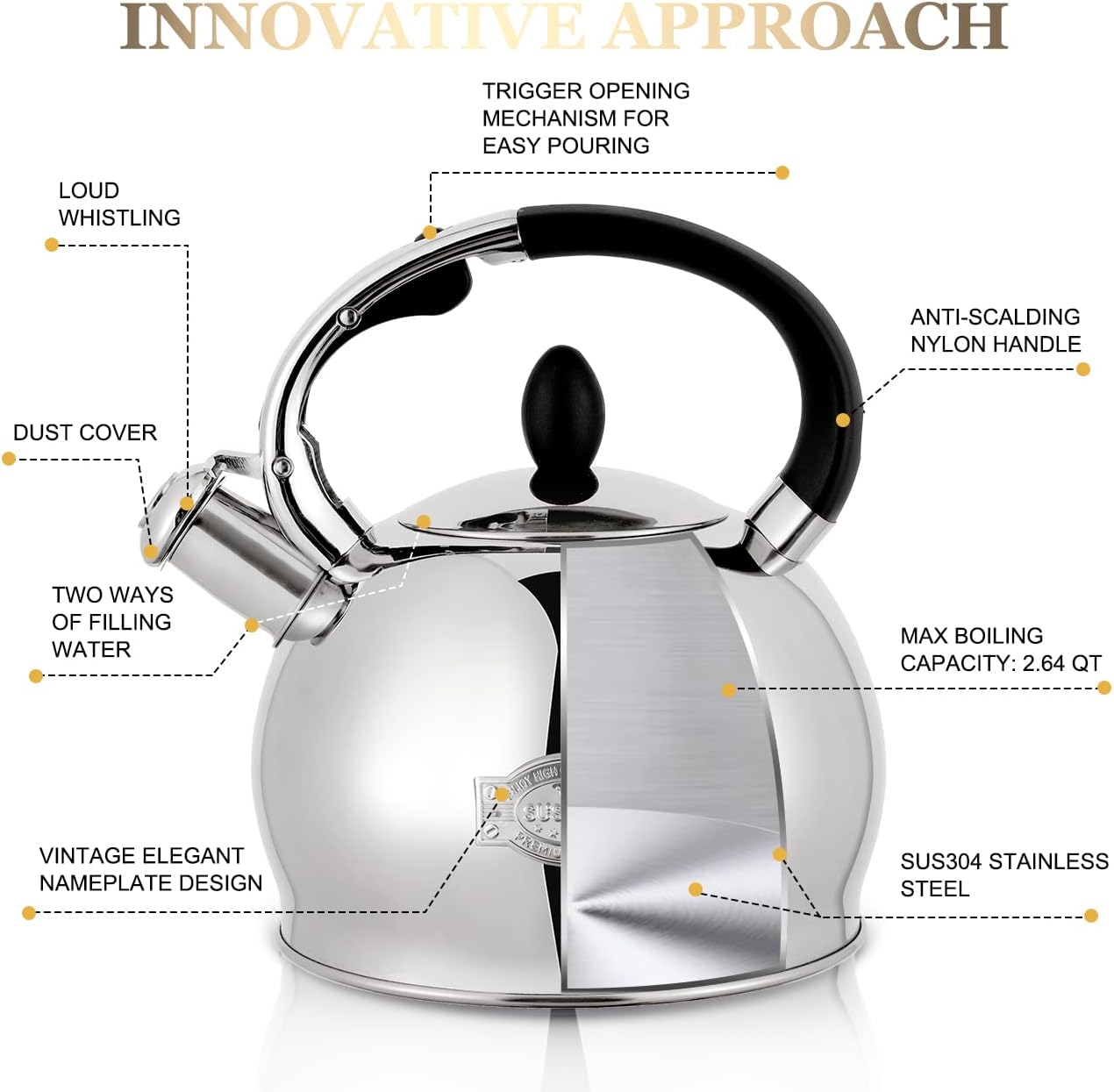 Detalle 2 de SUSTEAS Stove Top Whistling Tea Kettle — 2.64 Qt, Food Grade Stainless Steel with Cool-Touch Handle