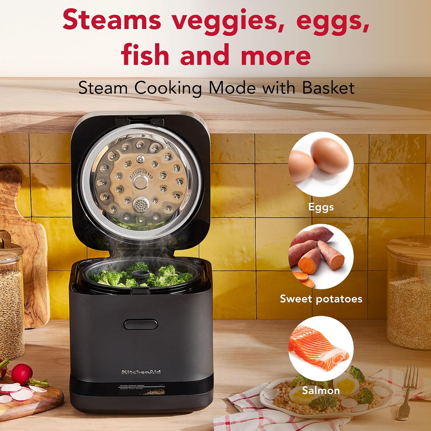 Detalle de KitchenAid KGC2154BM Compact 8-Cup Grain and Rice Cooker with Integrated Scale