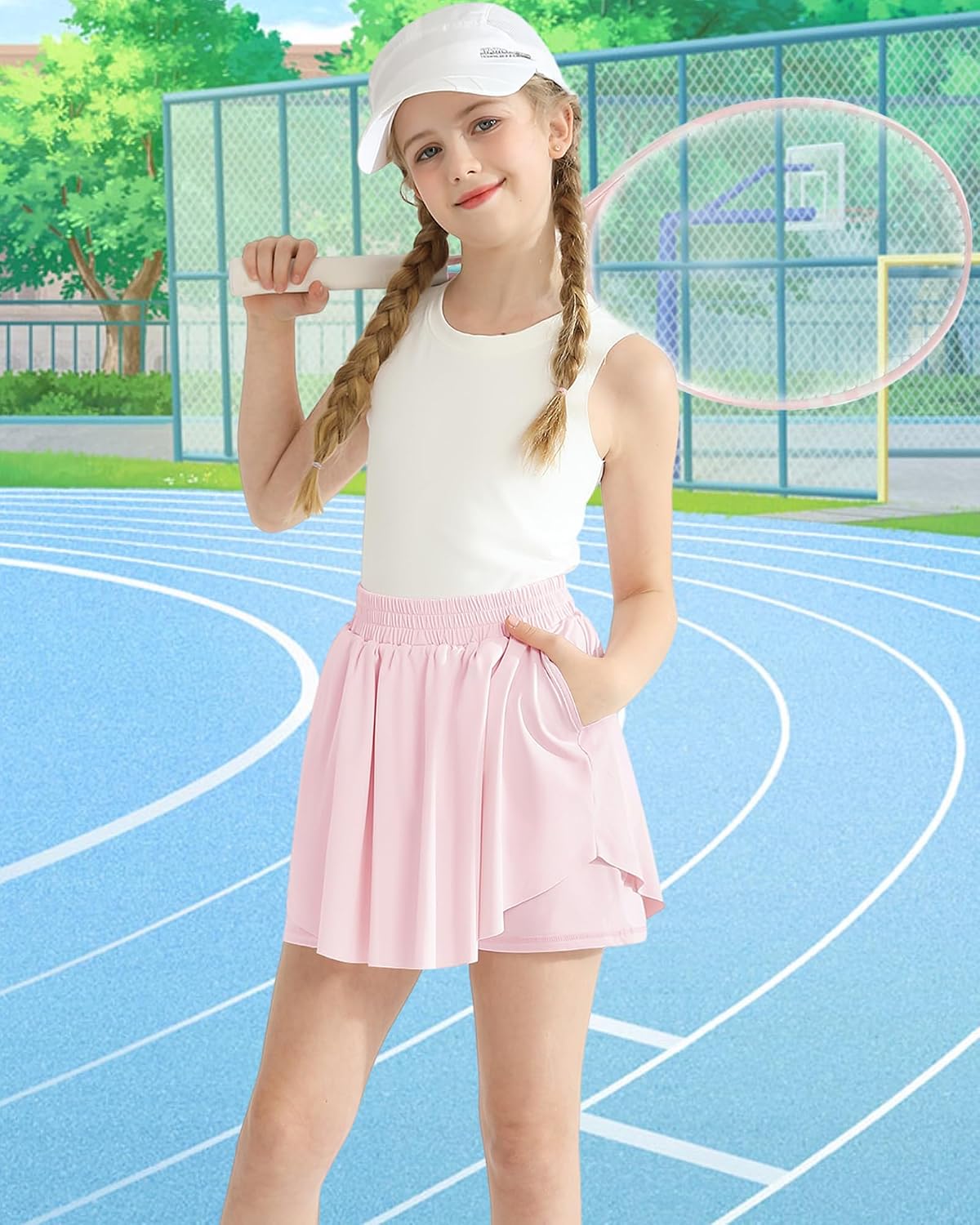 Detalle de Hovershoes Girls Flowy Shorts 2-in-1 Athletic PE Skorts (5-13 Years) – High-Wailed, Pockets, 87% Nylon / 13% Spandex
