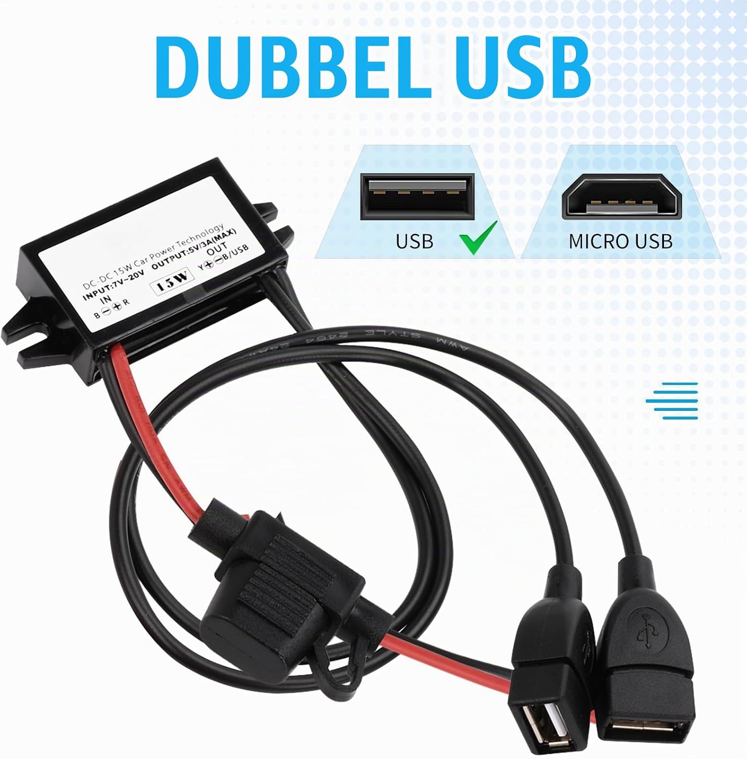 Detalle 2 de Heemol DualUSB 12 V till USB-adapter med dubbla portar, säkring och 15 W