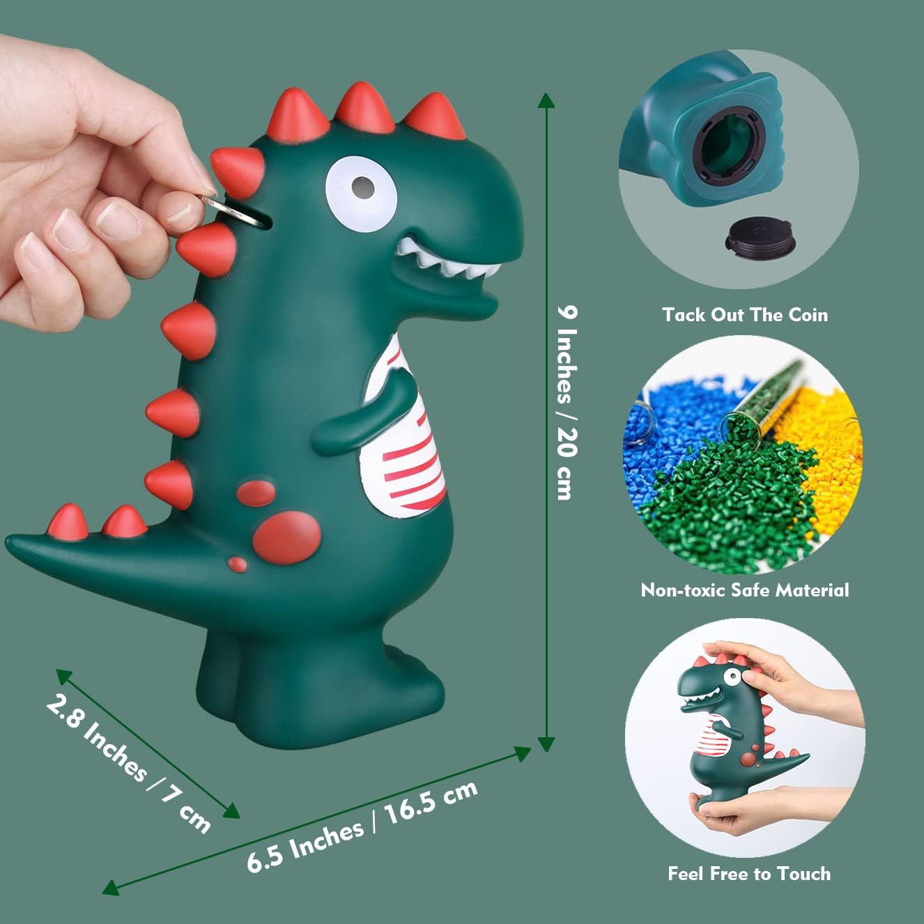Thumbnail 3 de ALAMHI Tirelire enfant dinosaure (vert) – cadeau ludique pour fille et garçon