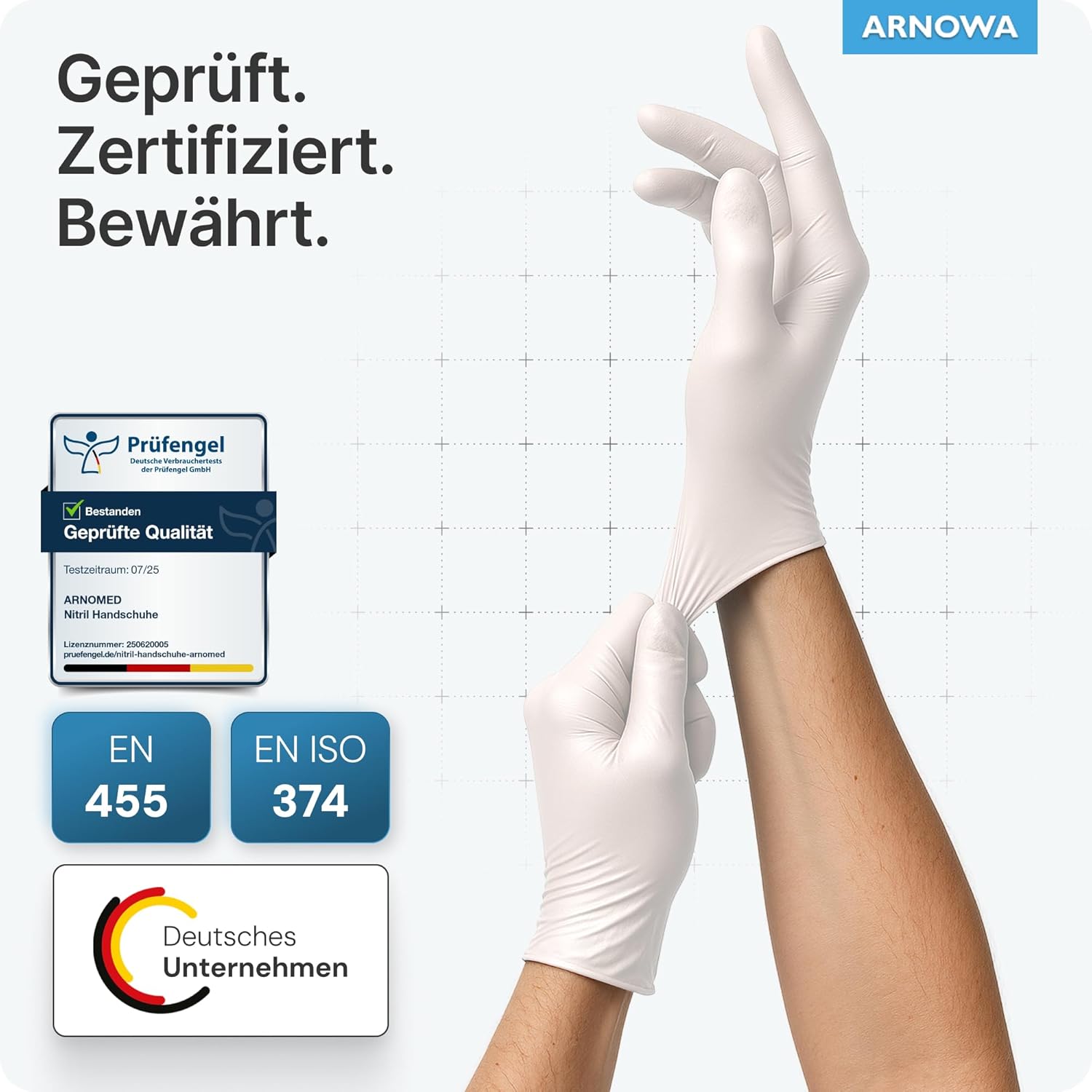 Detalle de ARNOMED Nitril Einweghandschuhe – 100 Stück/Box, Gr. S–XL, weiß, puderfrei, latexfrei