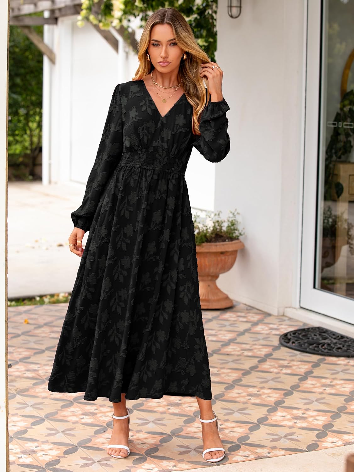 Detalle de Simplee Women's Boho Floral Long-Sleeve Maxi Dress, V-Neck, Empire Waist