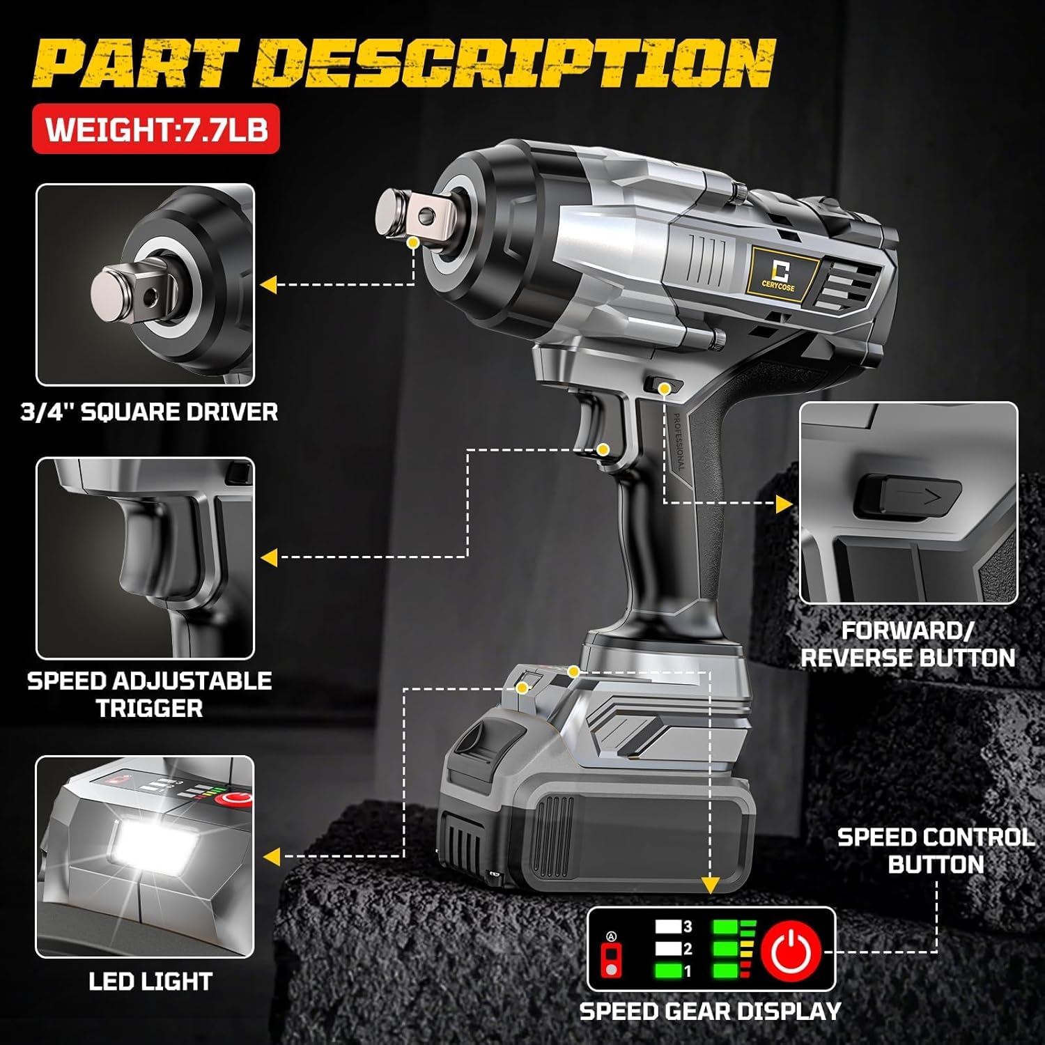 Thumbnail 5 de Cerycose Cordless Impact Wrench 3/4-inch (DeWalt 20V compatible) 2500 N.m / 1850 ft-lbs Brushless, Bare Tool Only
