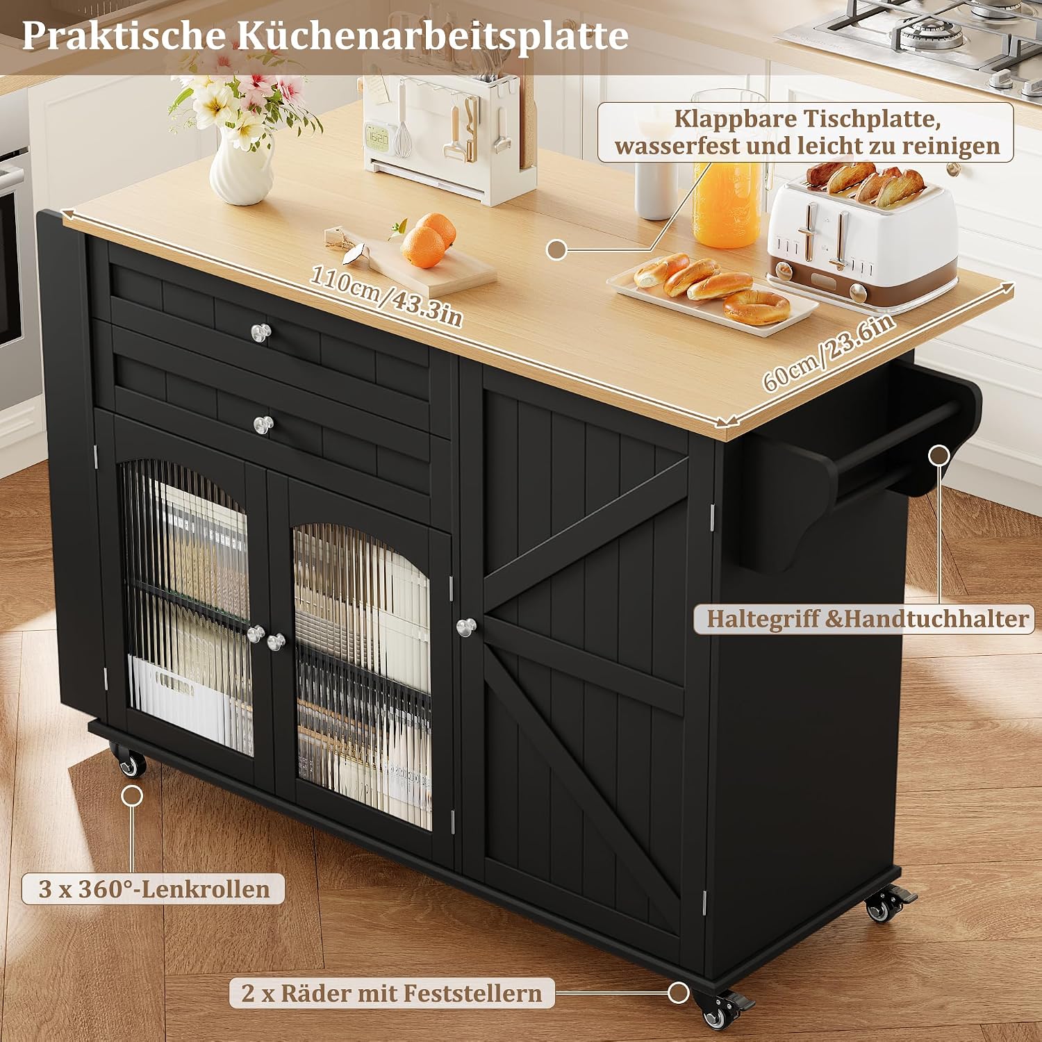 Detalle de FirFurd M218 Kitchen Island with Folding Worktop, Wheels, 2 Drawers and 3 Doors