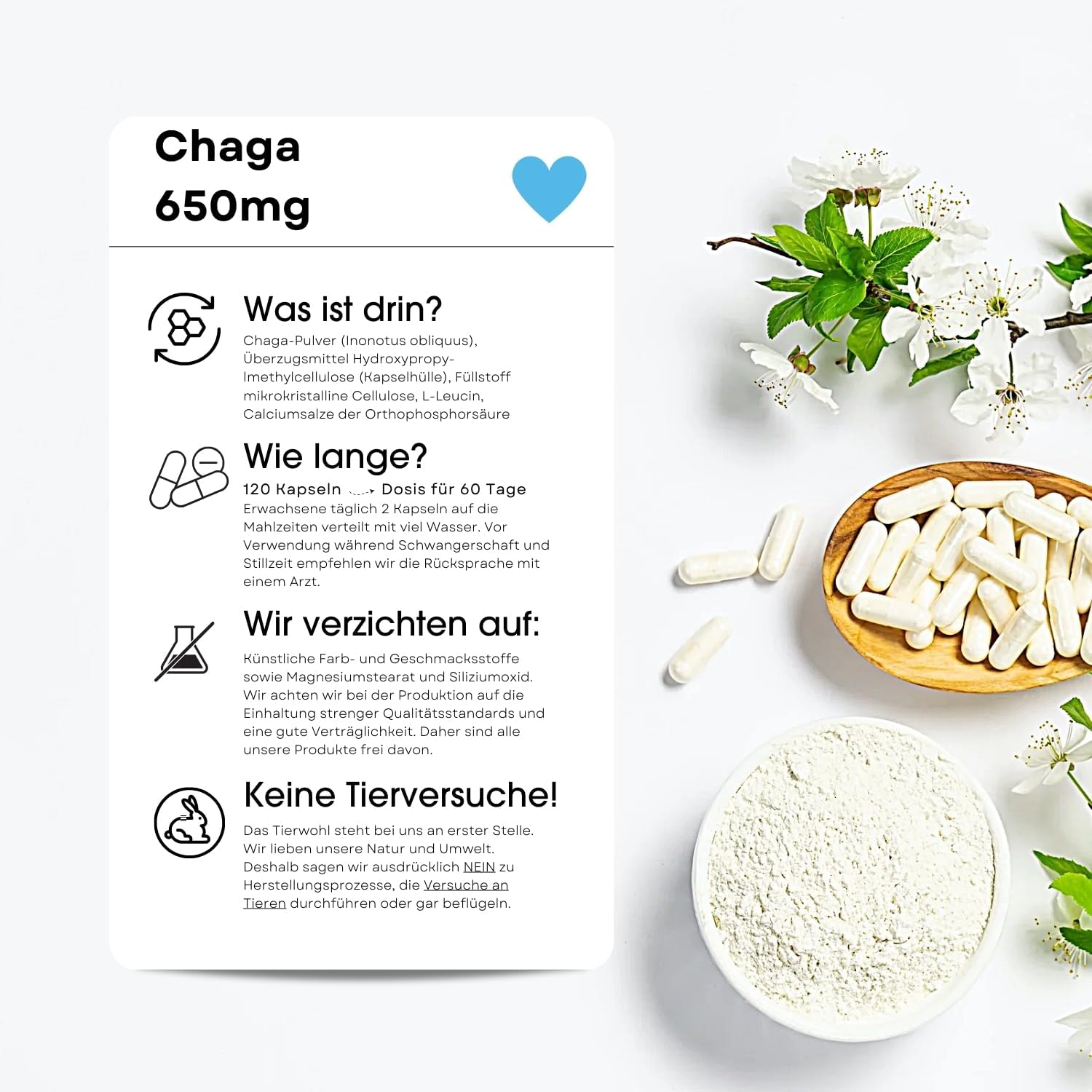 Detalle de Fair & Pure Chaga 650mg, 120 Kapseln – Hochdosiert, vegan, hergestellt in Deutschland