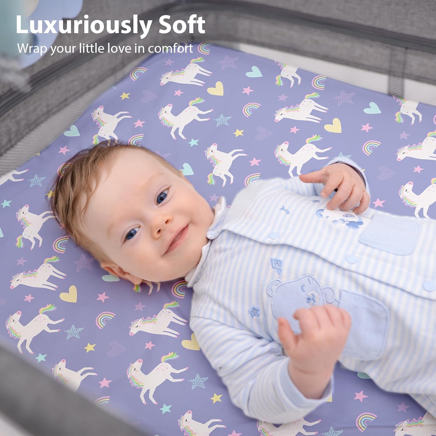 Detalle de FIEMOL Baby Spannbettlaken Beistellbett 55x90 cm – 3er-Pack Mikrofaser, ultrasanft & seidigglatt, lila Regenbogen