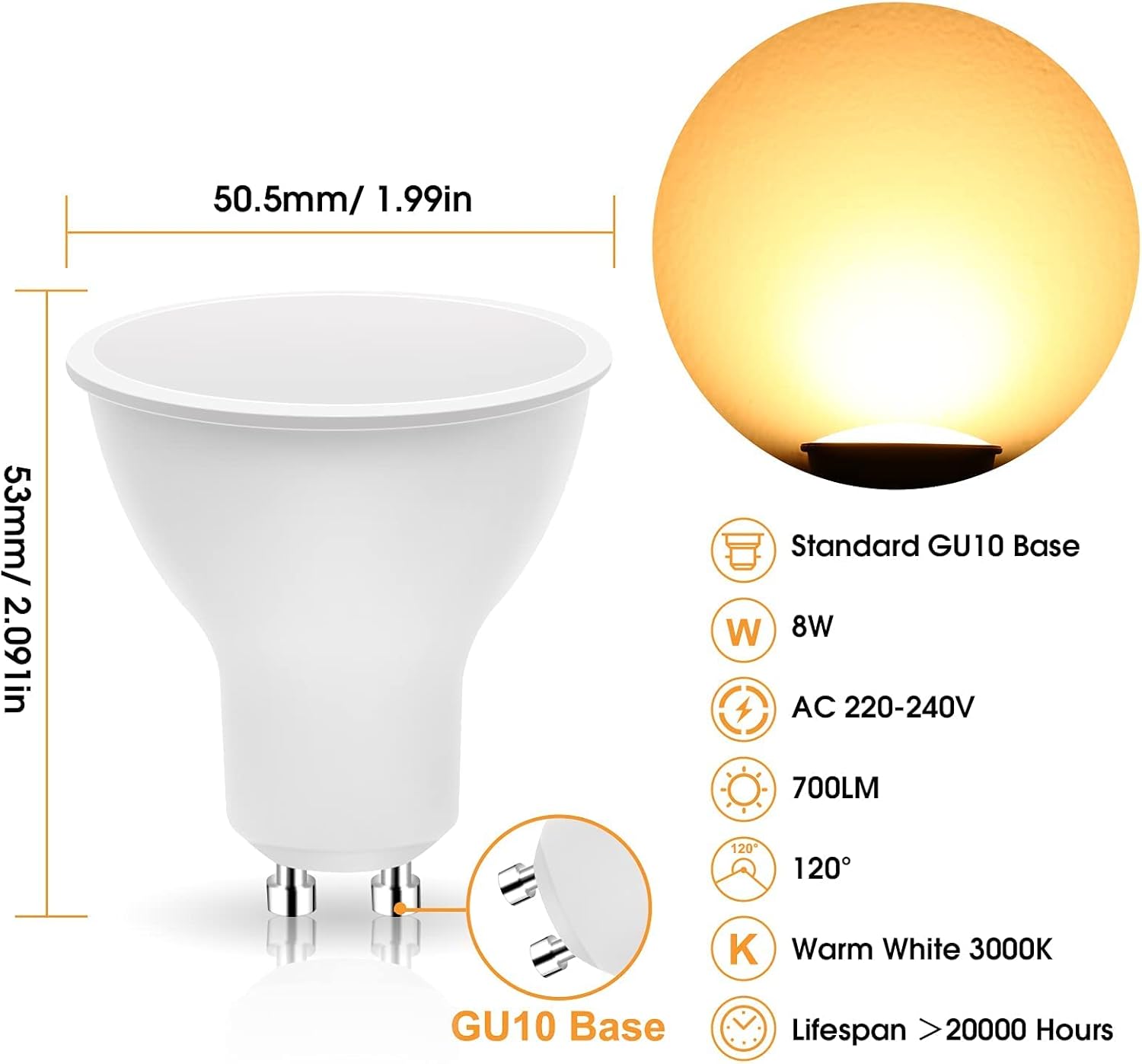 Detalle de JandCase GU10 LED Bulbs Warm White 3000K (8W, 700LM, 120°) – 6 Pack, Non-Dimmable