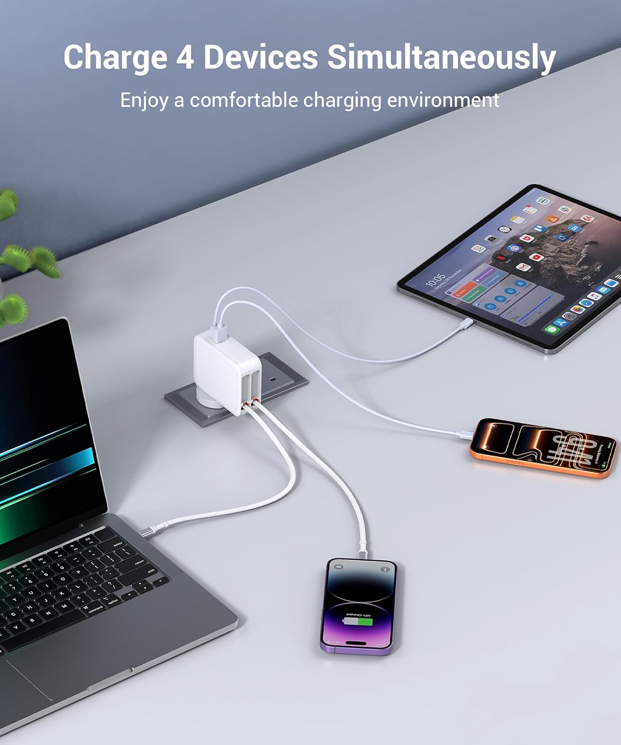 Detalle 2 de 65W Wall Charger with Dual Retractable Cables: 4-in-1 UK Travel Ready Power Hub