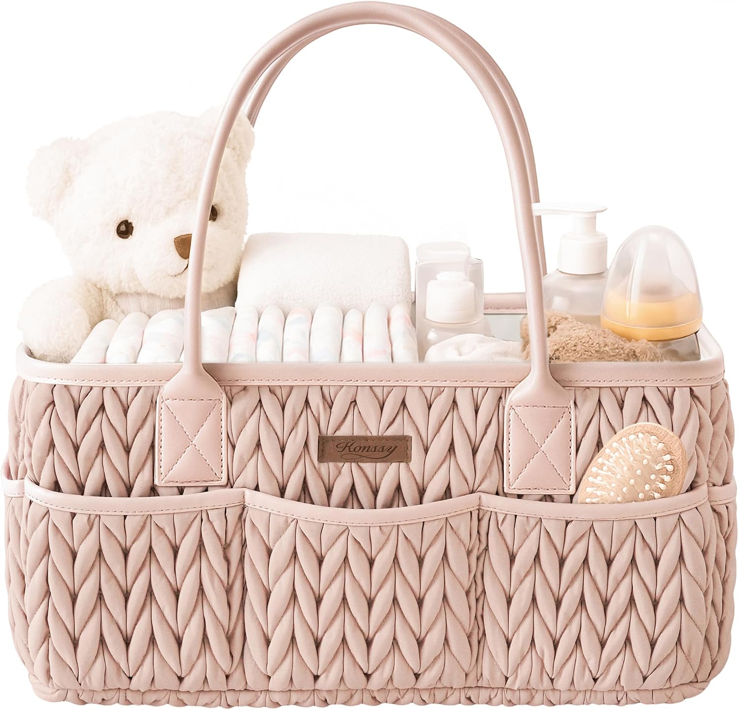Detalle de Konssy Braided Blush Diaper Caddy with Removable Divider and PU Handles