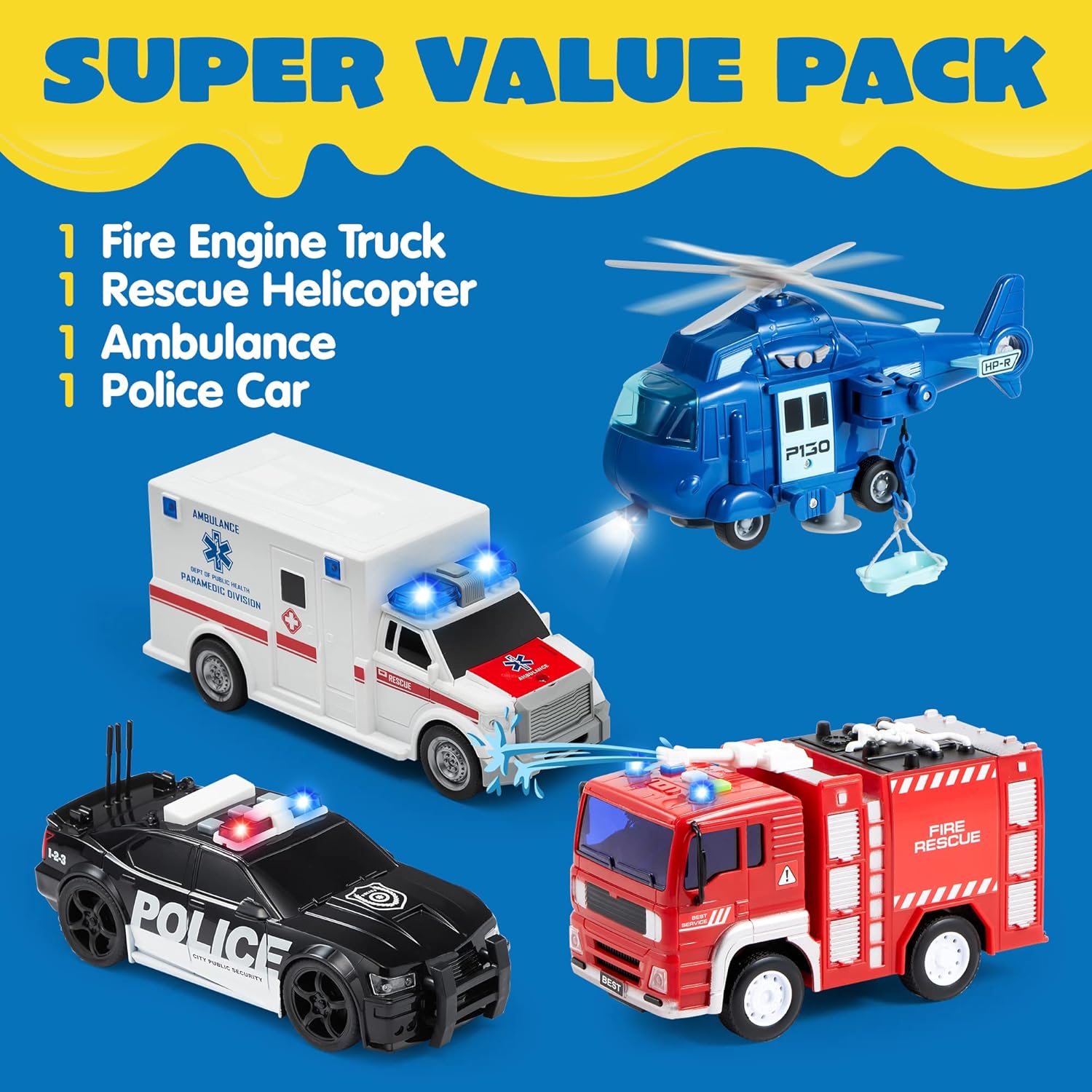 Thumbnail 2 de JOYIN 4 Packs Emergency Vehicle Toy Playsets: Friction-Powered Lights & Sounds Rescue Vehicles