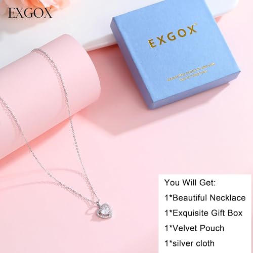 Detalle de EXGOX Silver Heart Necklace 925 Sterling Silver with White Crystal Heart – Adjustable Dainty Pendant for Women