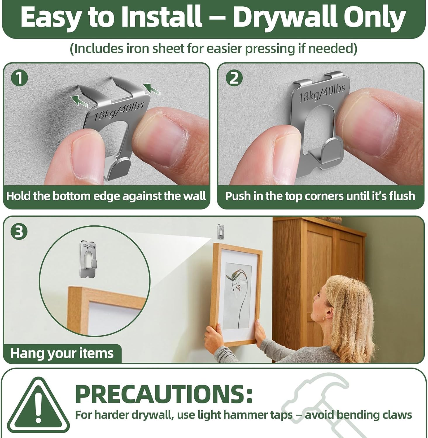 Detalle 2 de Anteabee 6Pcs Claw Picture Hangers for Plasterboard – No Nails Wall Hooks, 18 kg Capacity