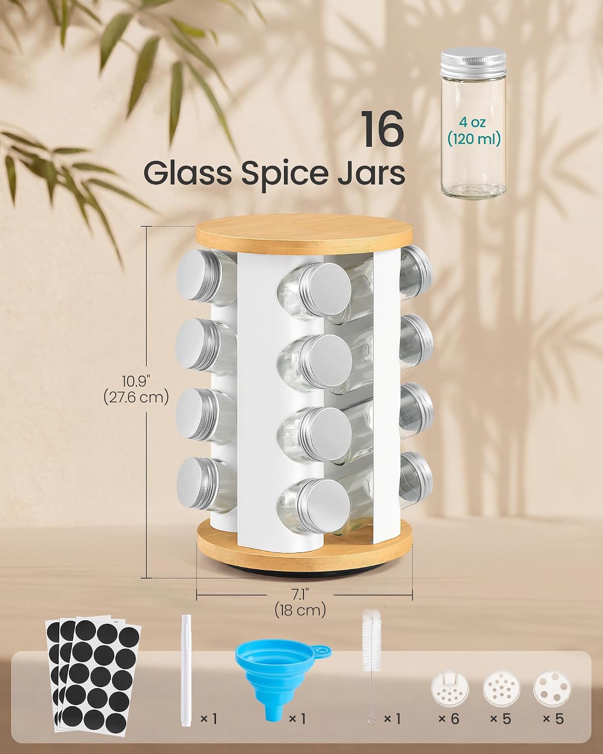 Thumbnail 6 de SONGMICS KCS256W101 Rotating Spice Rack, 16 Glass Jars, Bamboo and Matte White