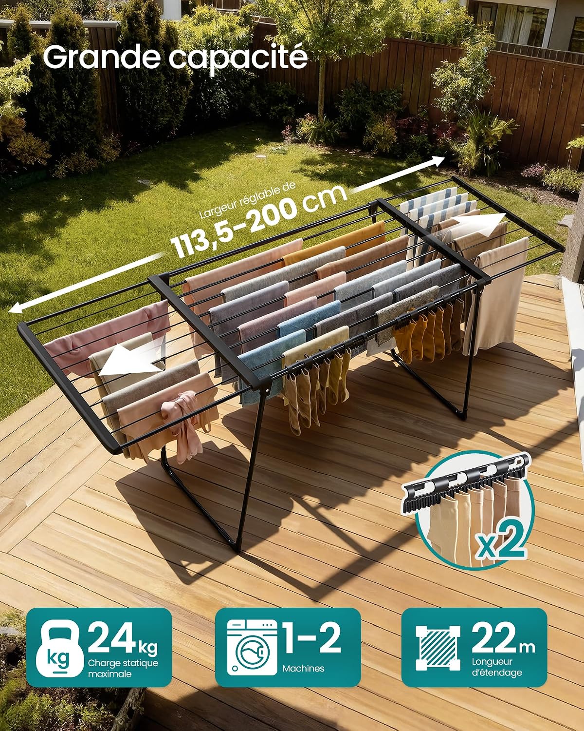 Detalle de SONGMICS Étendoir à Linge sur Pied avec Ailes Extensibles – 22 m, Porte-Chaussettes, Noir LLR522BH01