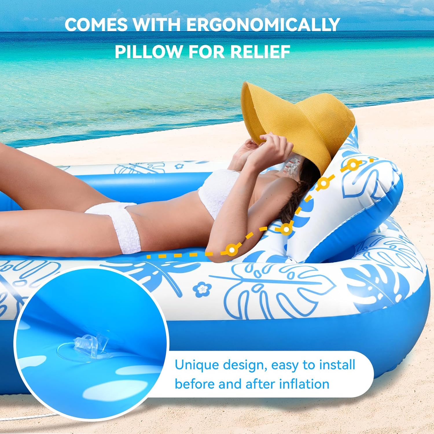Thumbnail 1 de Inflatable Tanning Pool Lounger Float with Detachable Cervical Pillow (Pool Floats for Adults & Kids)