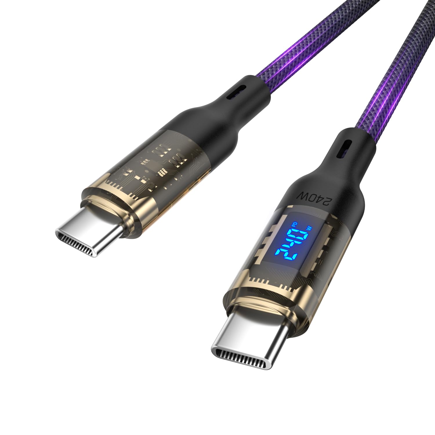 Detalle de VisionSync 240W USB C to USB C Transparent Cable with LED Display and 10ft Length
