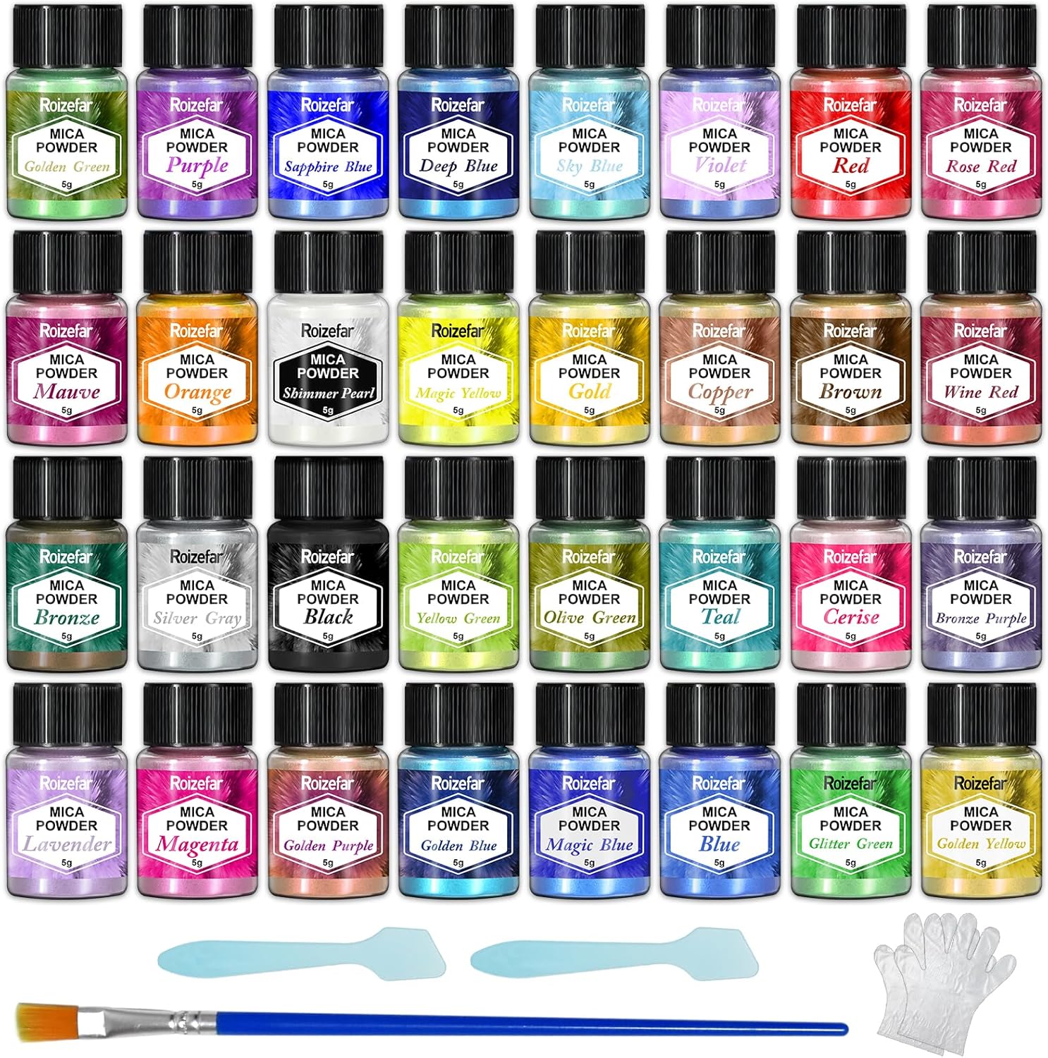 Detalle de Roizefar Mica Powder (32 colours x 5 g) pearlescent epoxy resin pigment for soap, candles, nails & more