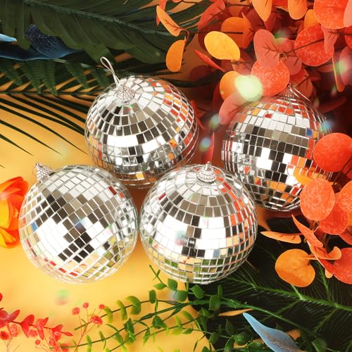 Detalle de DUBUOZA 4er-Set Discokugel 10 cm Silber – Spiegelkugeln für Hochzeit, Weihnachten, Party-Deko
