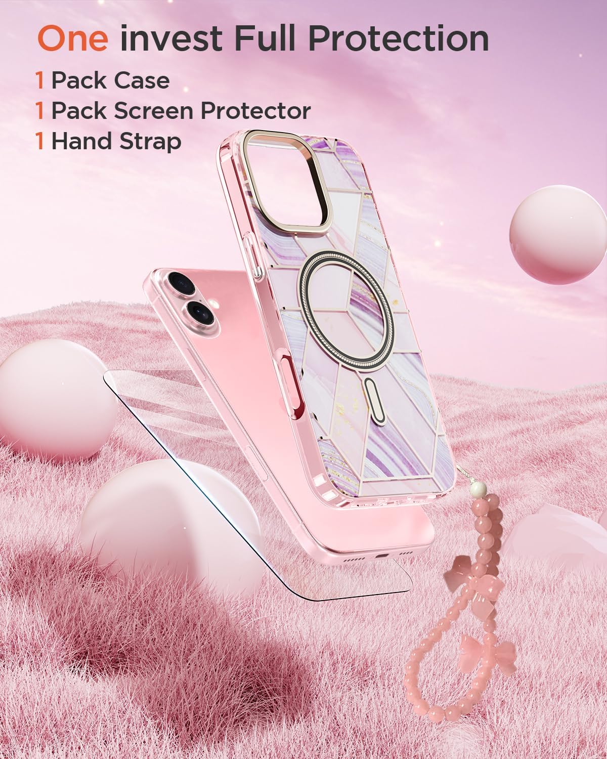 Detalle 2 de MATEPROX Magnetic Case for iPhone 16 Plus 2024 — Marble Purple with MagSafe, Screen Protector and Anti-Scratch Protection
