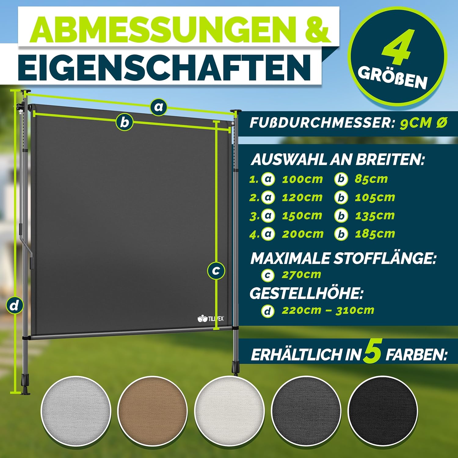 Thumbnail 6 de tillvex® Klemmmarkise Senkrechtmarkise mit Handkurbel (ohne Bohren) – anthrazit, 150 x 310 cm