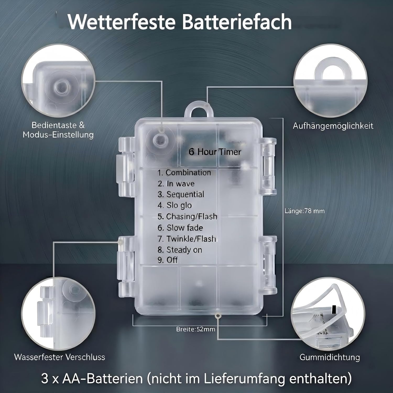 Detalle de Lichterkette Außen Batterie Timer 10 m, 100 LEDs Warmweiß – IP44, batteriebetrieben