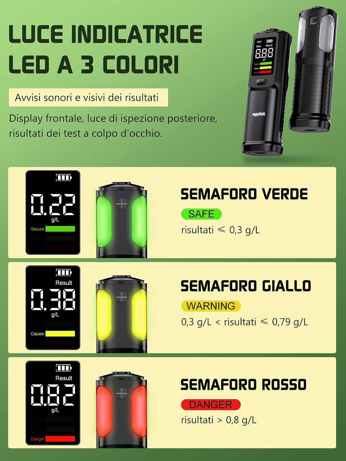 Detalle 2 de Etilometro Portatile Certificato Alcol Test – professionale USB‑C ricaricabile con Display LCD