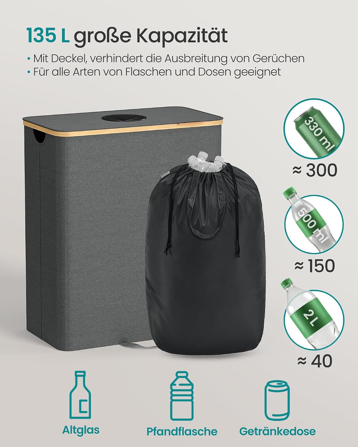 Detalle de SONGMICS Pfandflaschen-Sammelbehälter, 135 L – robust, platzsparend und praktisch